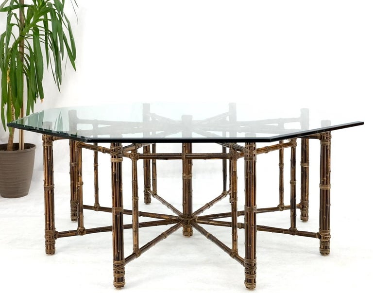 20th Century Very Large Octagonal Glass Top Leather Strapped Bamboo McGuire Dining Table For Sale
