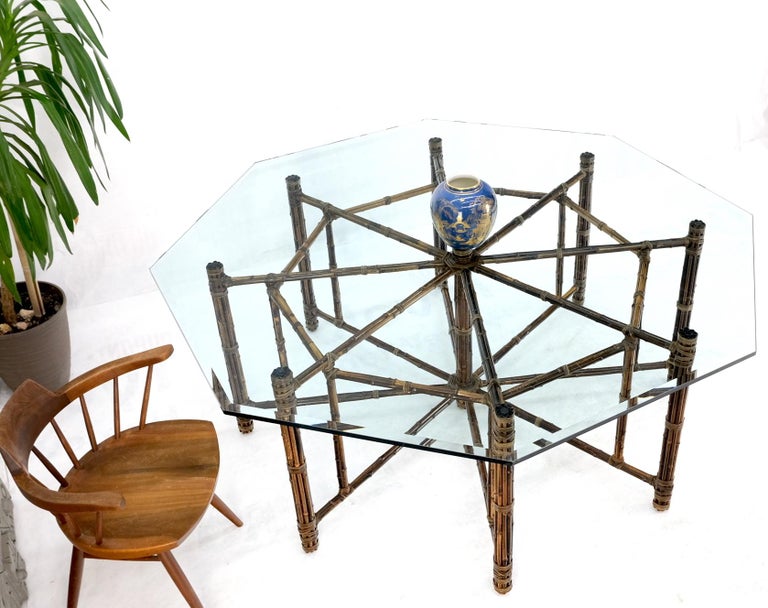 Very Large Octagonal Glass Top Leather Strapped Bamboo McGuire Dining Table For Sale 2