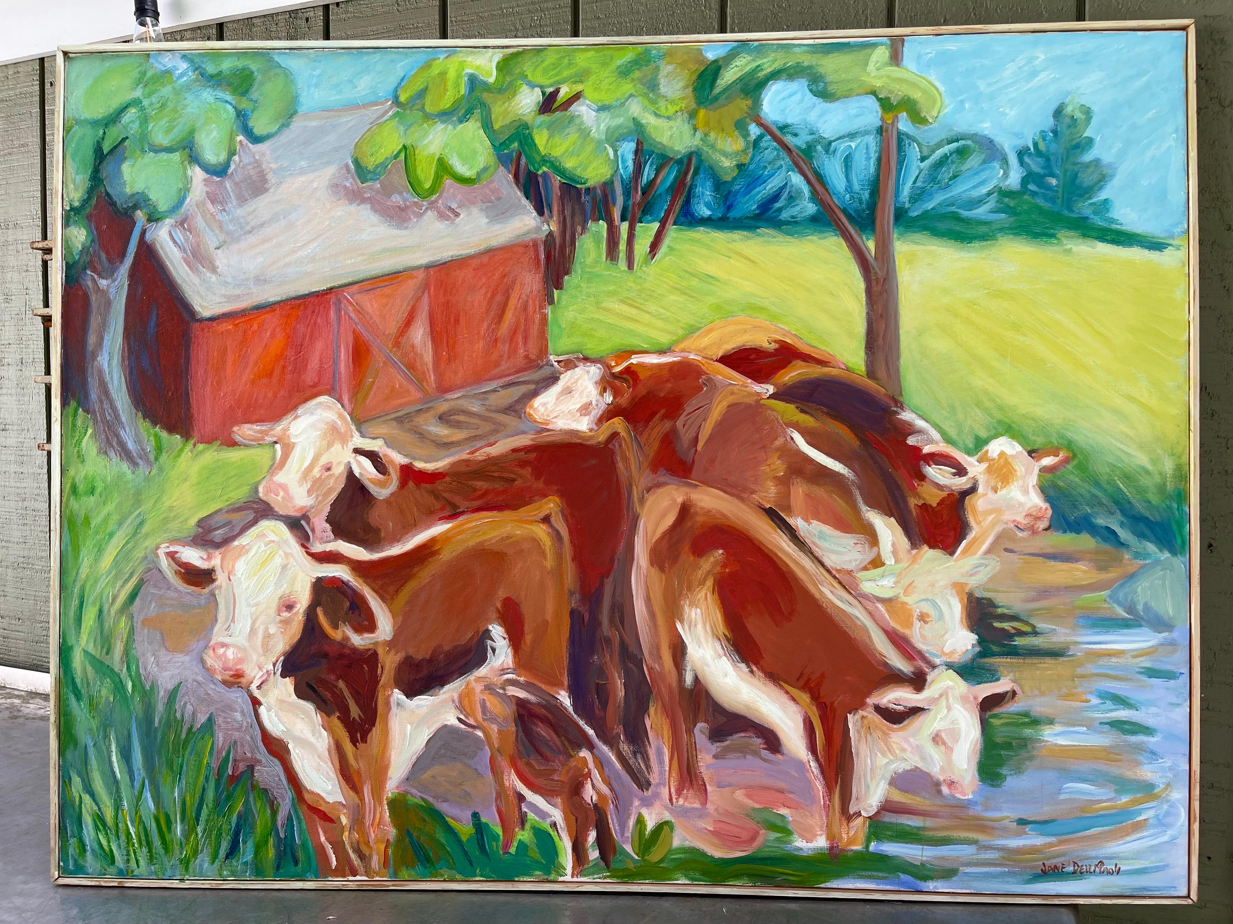 Très grande peinture expressionniste abstraite sur la vache. Grande composition colorée avec des touches d'empâtement et beaucoup de mouvement dans son style. Parfait pour une grande ferme ou une maison de campagne. Thelma Jane Delli Paoli,
