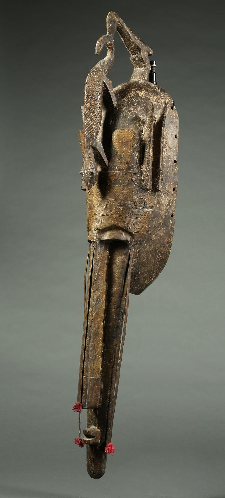 Hand-Carved Very Large African Marka Long Nosed Mask With Metal Sheet Dramatic Wall Decor