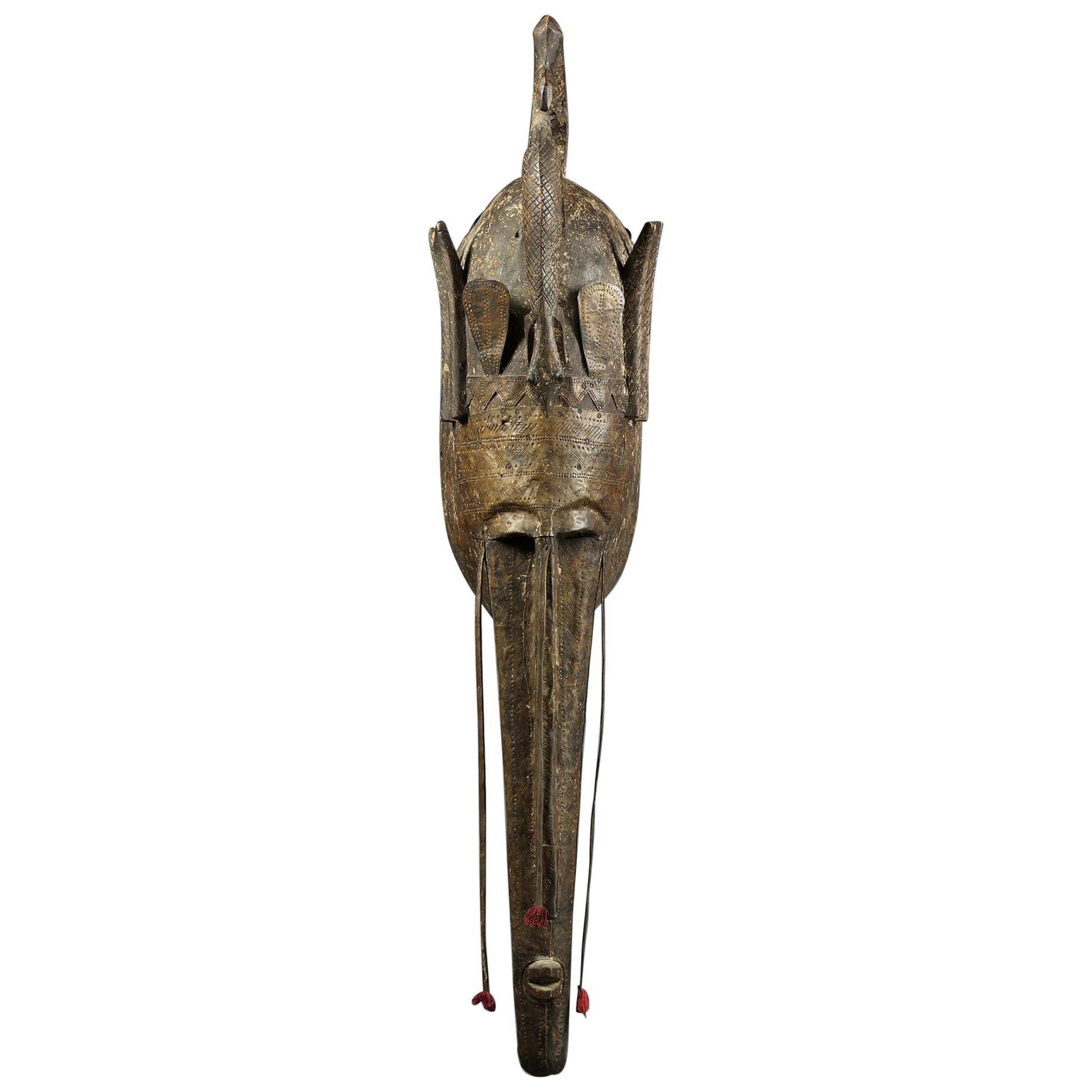 Very Large African Marka Long Nosed Mask With Metal Sheet Dramatic Wall Decor 