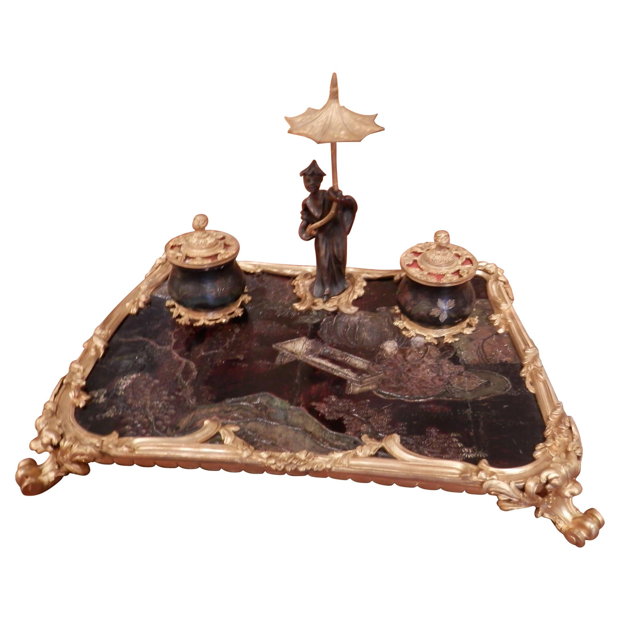 Very Large and Fine 19th Century Chinoiserie and Gilt Bronze Inkwell For Sale