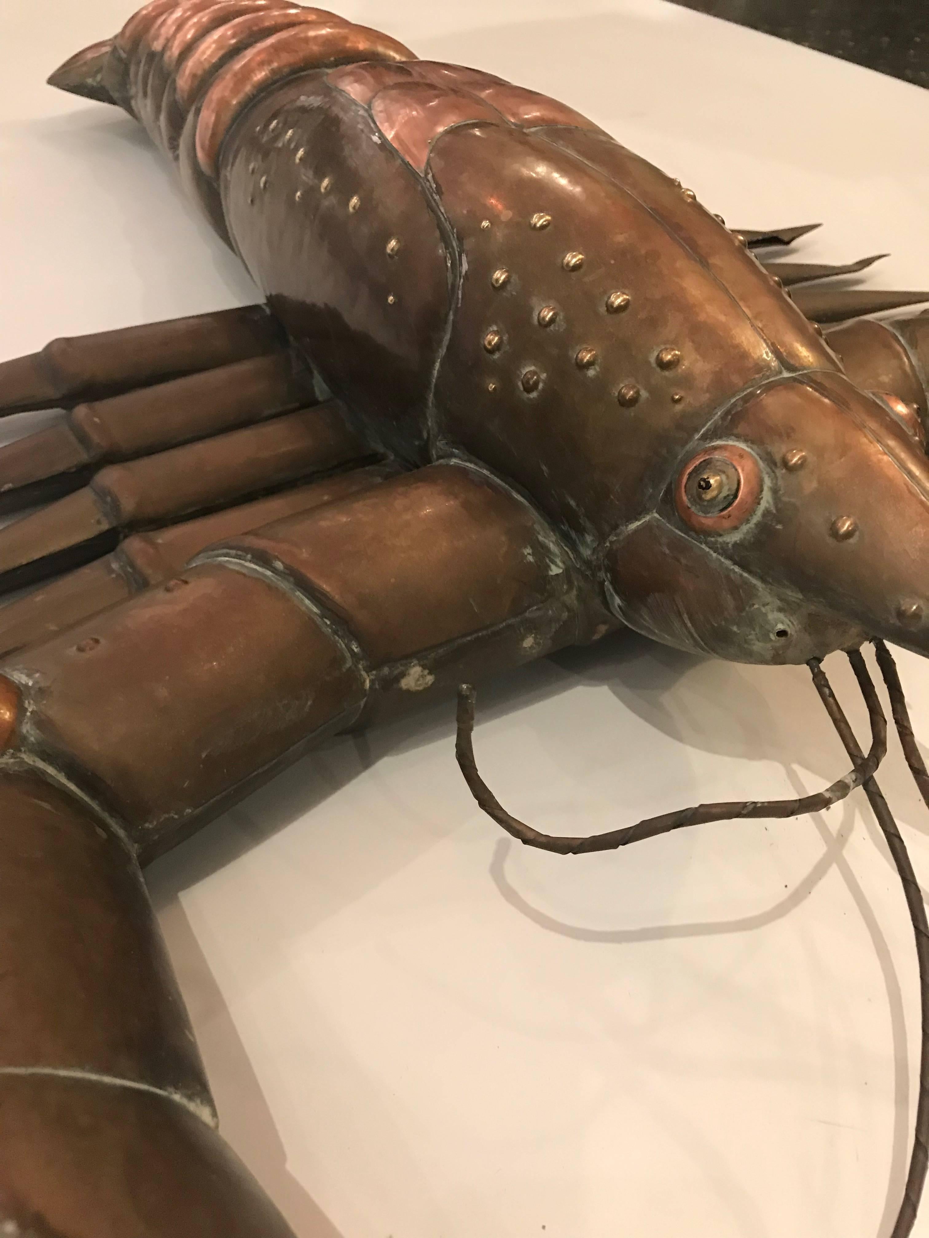 Very Large and Rare Sergio Bustamante Brass and Copper Hanging Lobster In Good Condition In New York, NY