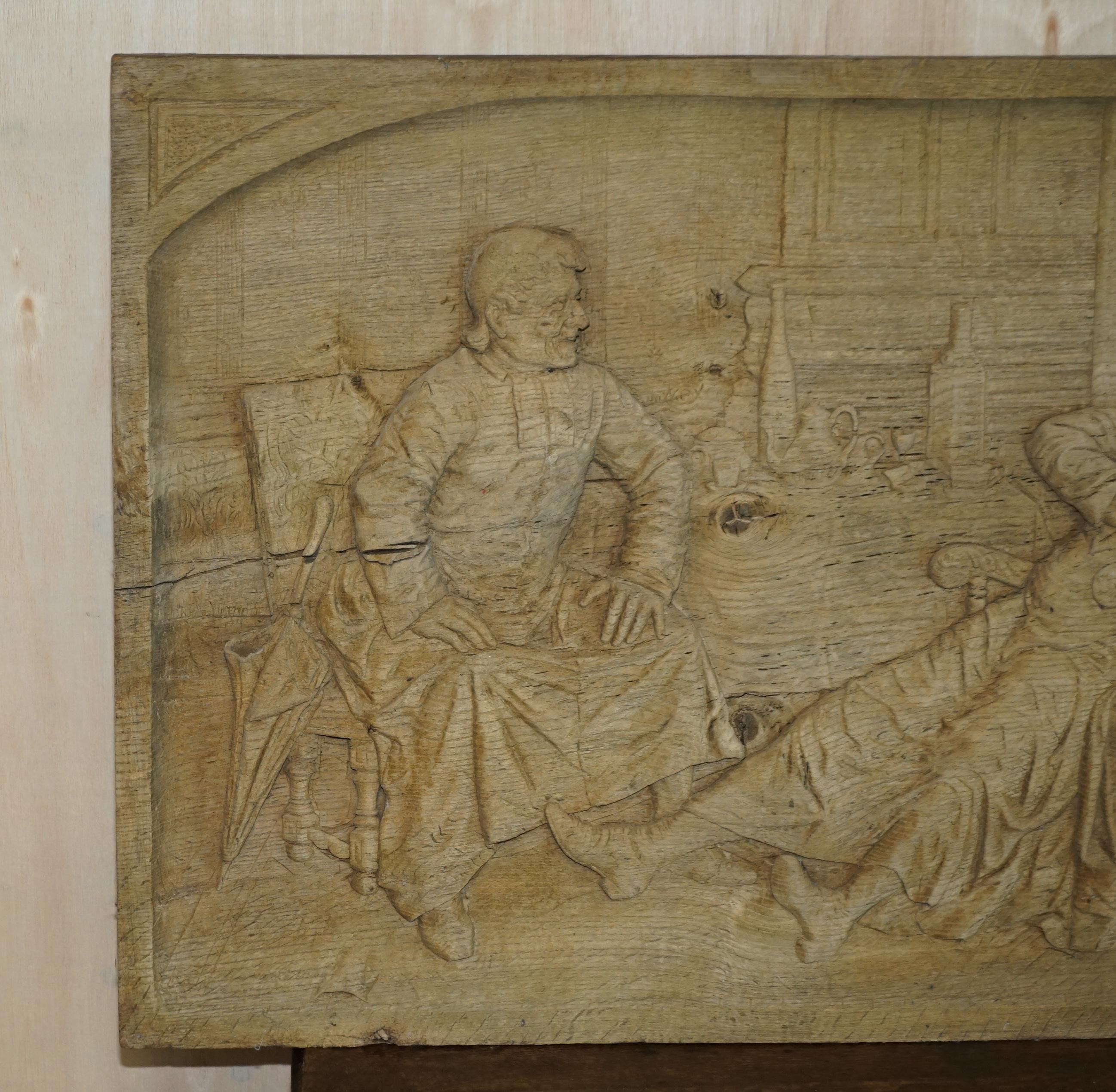 We are delighted to offer for sale this lovely hand carved solid burr oak wall panel, circa 1780 depicting drunk friends of a large scale

A very well made and decorative piece, it is over sized at nearly a meter wide, it would have most likely