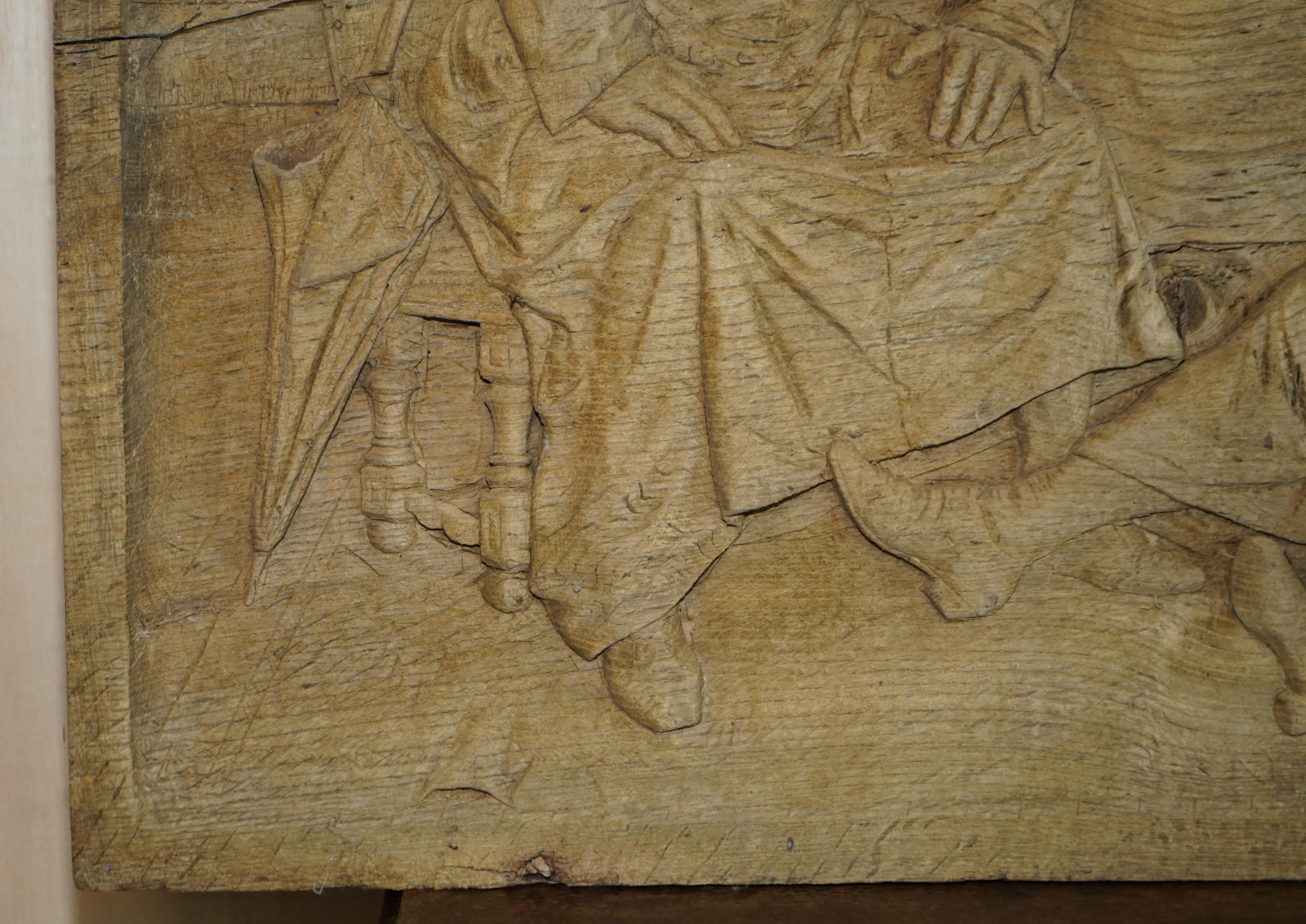 European Very Large Antique 18th Century Stripped Oak Hand Carved Panel of Drunk Freinds For Sale