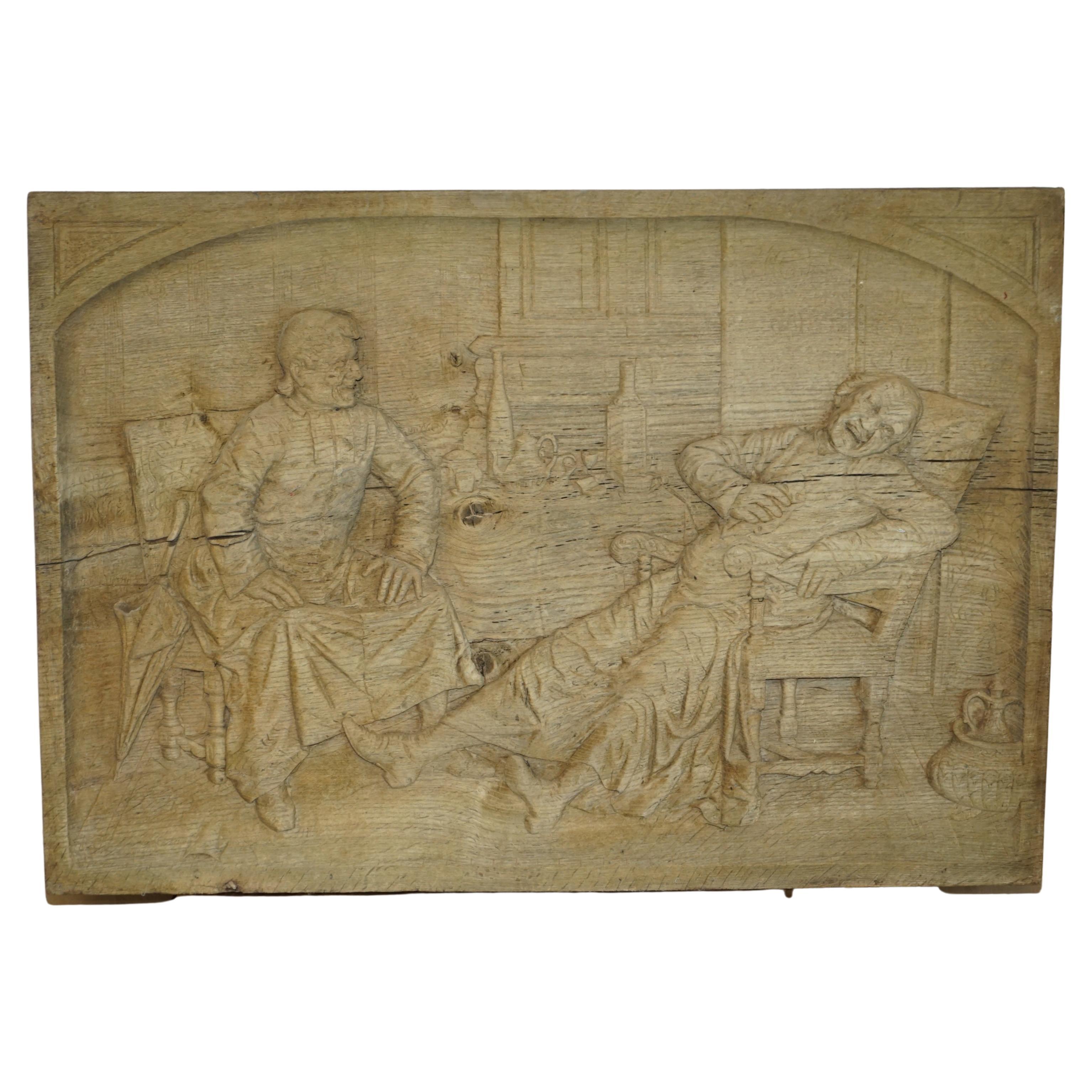 Very Large Antique 18th Century Stripped Oak Hand Carved Panel of Drunk Freinds For Sale