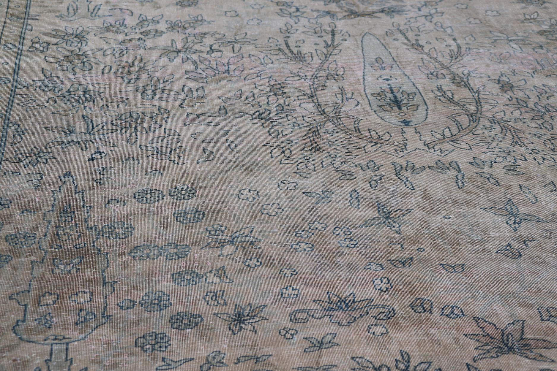Wool Very Large Antique Amritsar Rug with Flower & Leaf Design in Blush, Blue, Brown For Sale