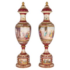 Very Large Antique Austrian Painted Porcelain Vases Mythology Royal Vienna