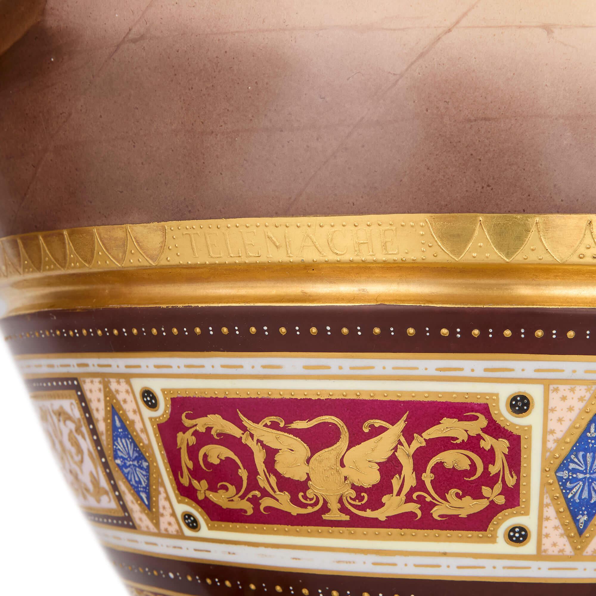 Jarrones antiguos de porcelana pintada austriaca mitología Royal Vienna muy grandes siglo XIX en venta