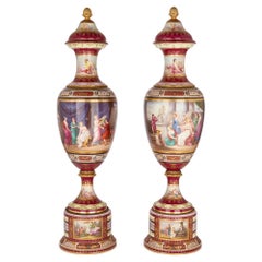Jarrones antiguos de porcelana pintada austriaca mitología Royal Vienna muy grandes