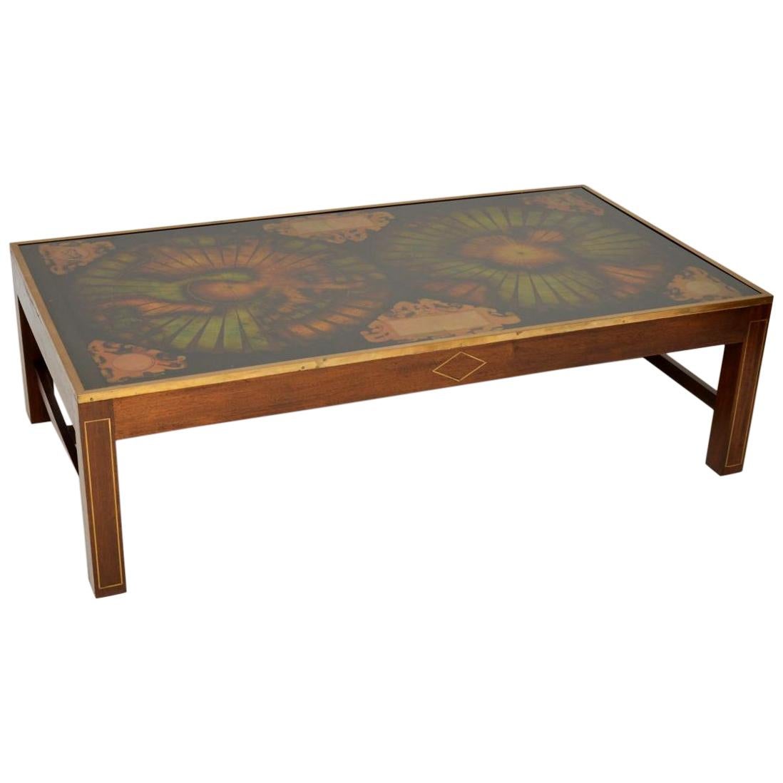 Very Large Antique Brass and Mahogany Atlas Coffee Table