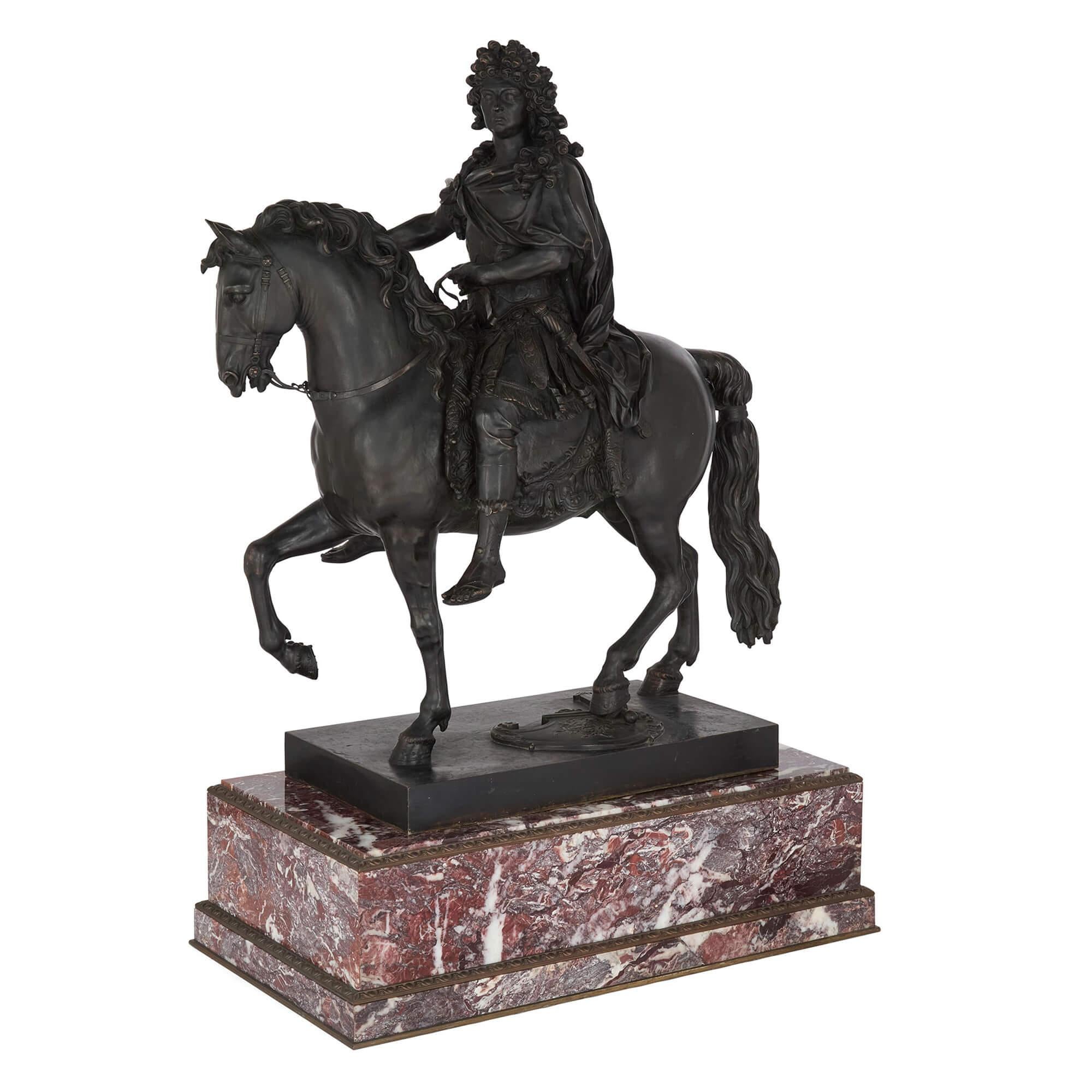 Very Large Antique English Bronze Sculpture Equestrian Louis XIV Elkington & Co
English, 19th Century 
Sculpture: Height 108cm, width 86cm, depth 43cm 
Base: Height 26cm, width 92cm, depth 51.5cm 
Overall: 134cm, width 92cm, depth 51.5cm

This