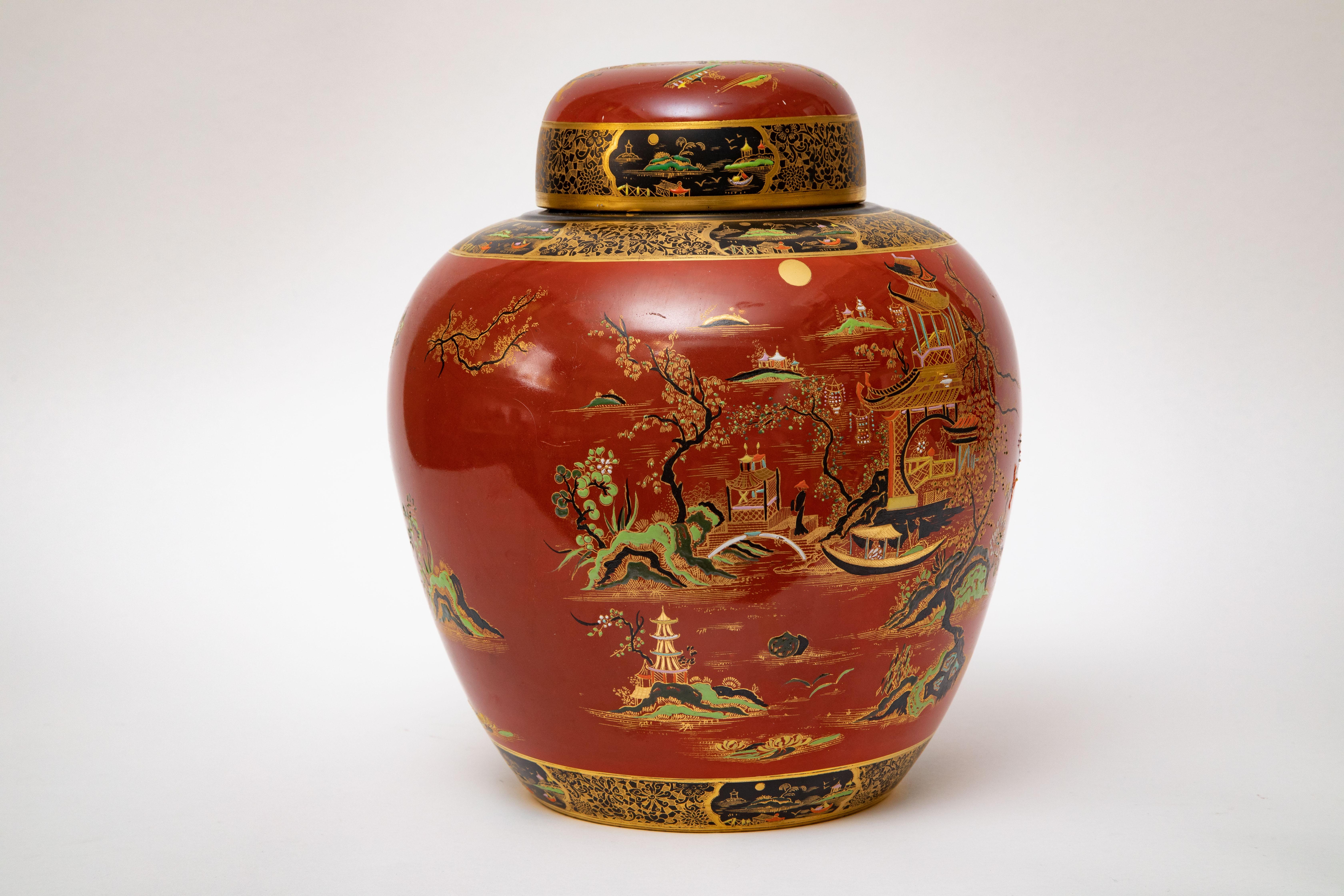 Très grand vase et couvercle anglais ancien. Design chinoiseries orange brûlé et noir en vente 2