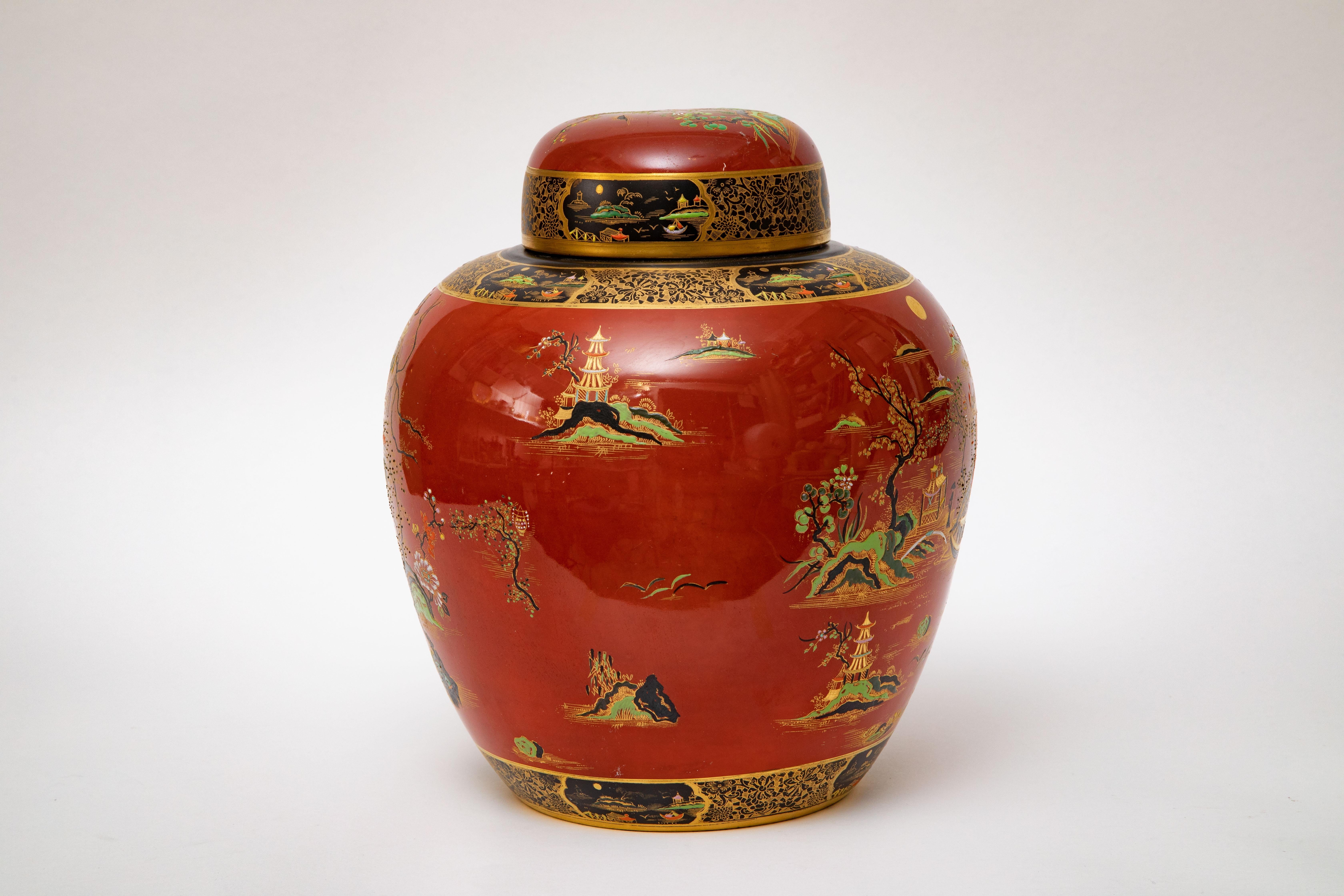 Très grand vase et couvercle anglais ancien. Design chinoiseries orange brûlé et noir en vente 3