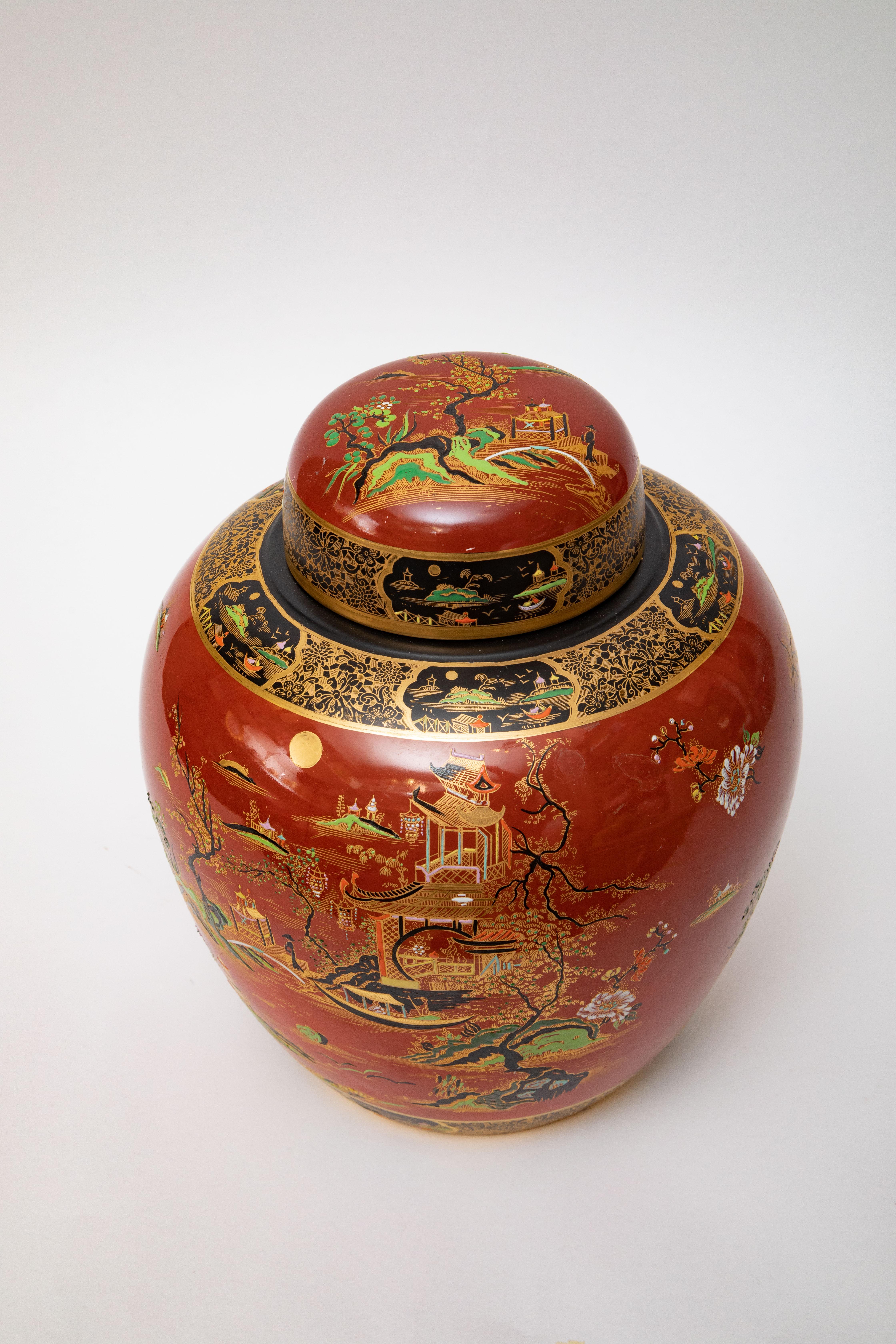 Chinoiseries Très grand vase et couvercle anglais ancien. Design chinoiseries orange brûlé et noir en vente
