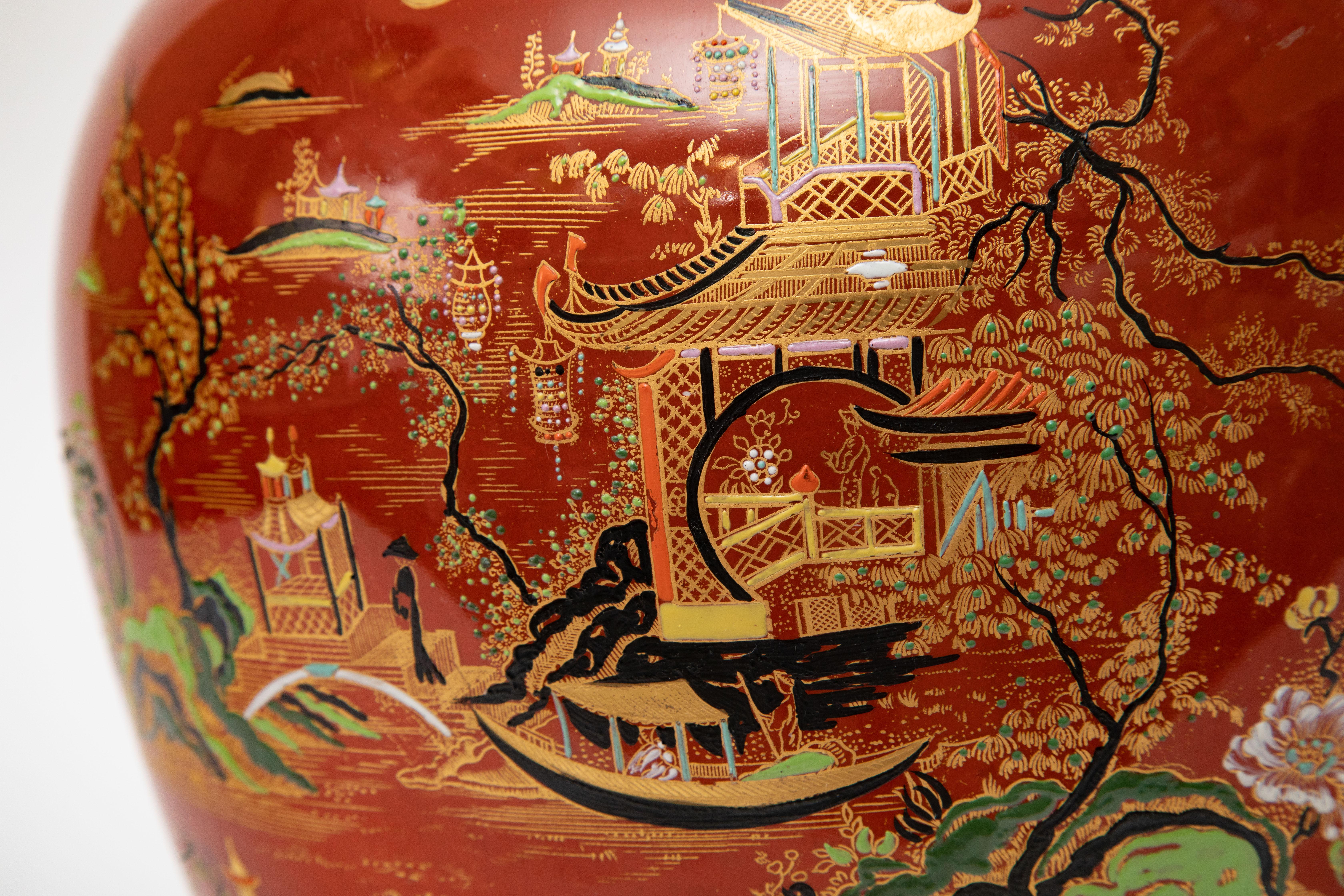 Jarrón y Tapa Ingleses Antiguos Muy Grandes, Diseño Chinoiserie Naranja Quemado Negro Hecho a mano