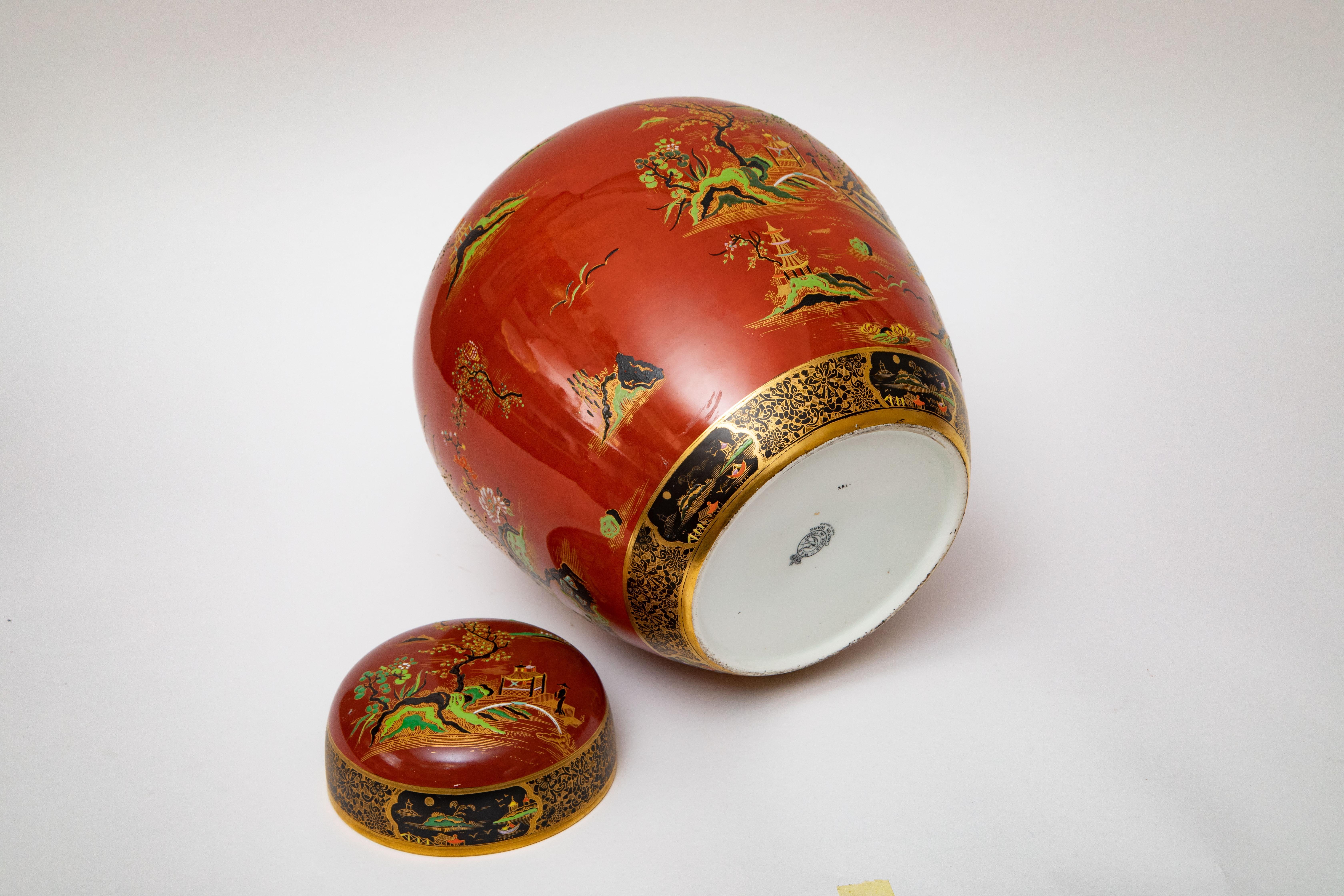 Jarrón y Tapa Ingleses Antiguos Muy Grandes, Diseño Chinoiserie Naranja Quemado Negro 1