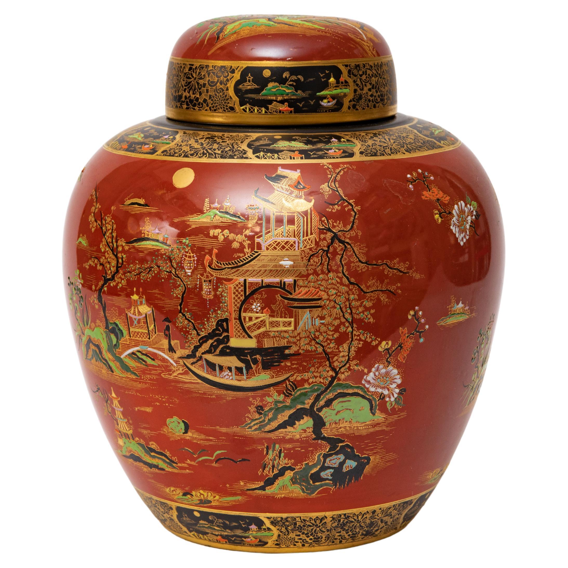 Très grand vase et couvercle anglais ancien. Design chinoiseries orange brûlé et noir en vente