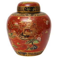 Große antike englische Vase und Deckel. Verbranntes orange-schwarzes Chinoiserie-Design