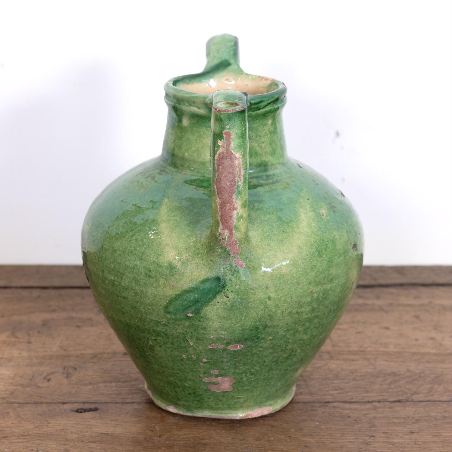 Très grande Cruche Orjol ou Cruche à eau française ancienne avec glaçure verte rare Bon état à Birmingham, AL