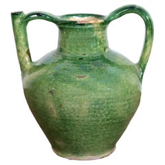 Very Large Antique French Cruche Orjol or Water Jug with Rare Green Glaze