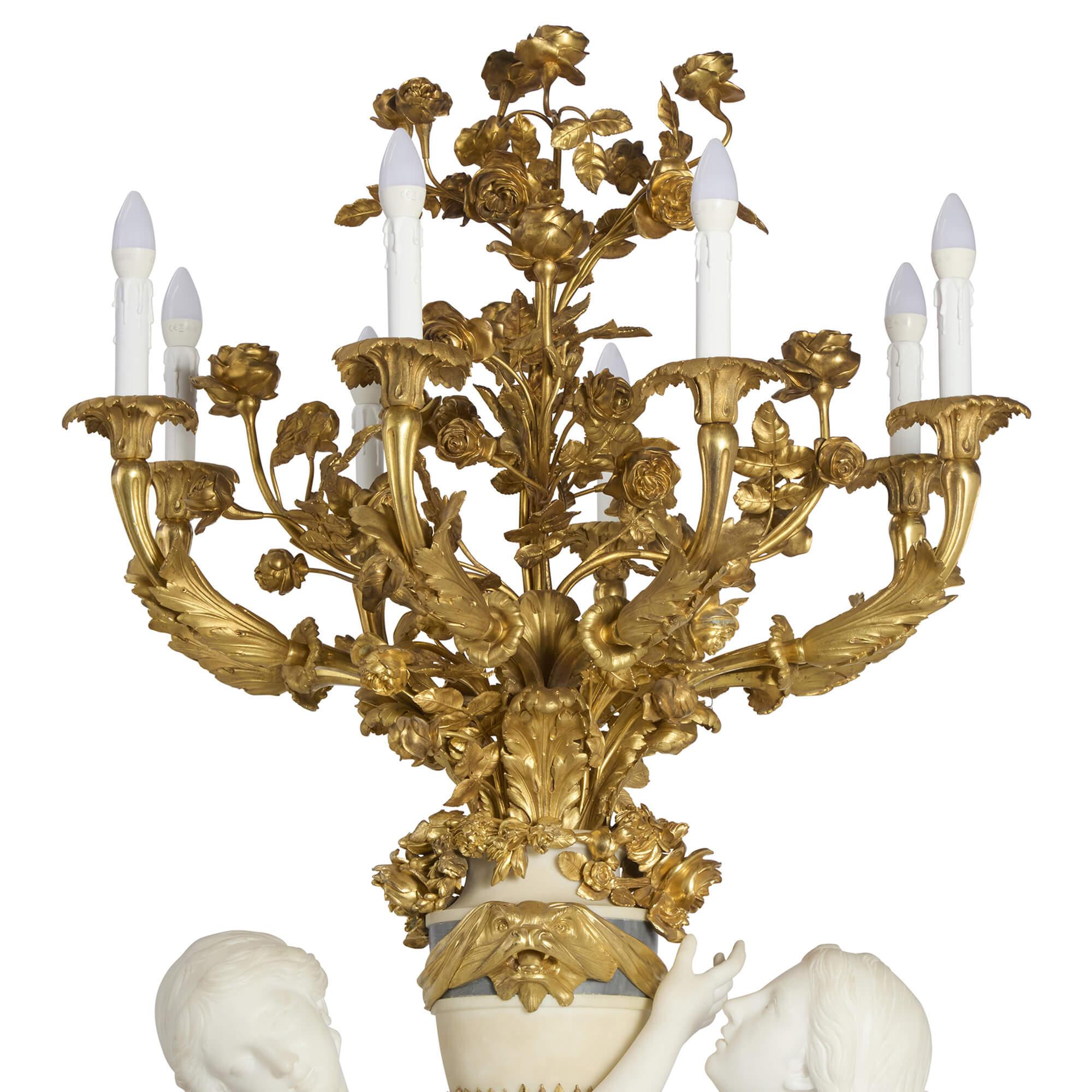 Néoclassique Très grand chandelier ancien français en marbre doré Carrier-Belleuse Barbedienne en vente