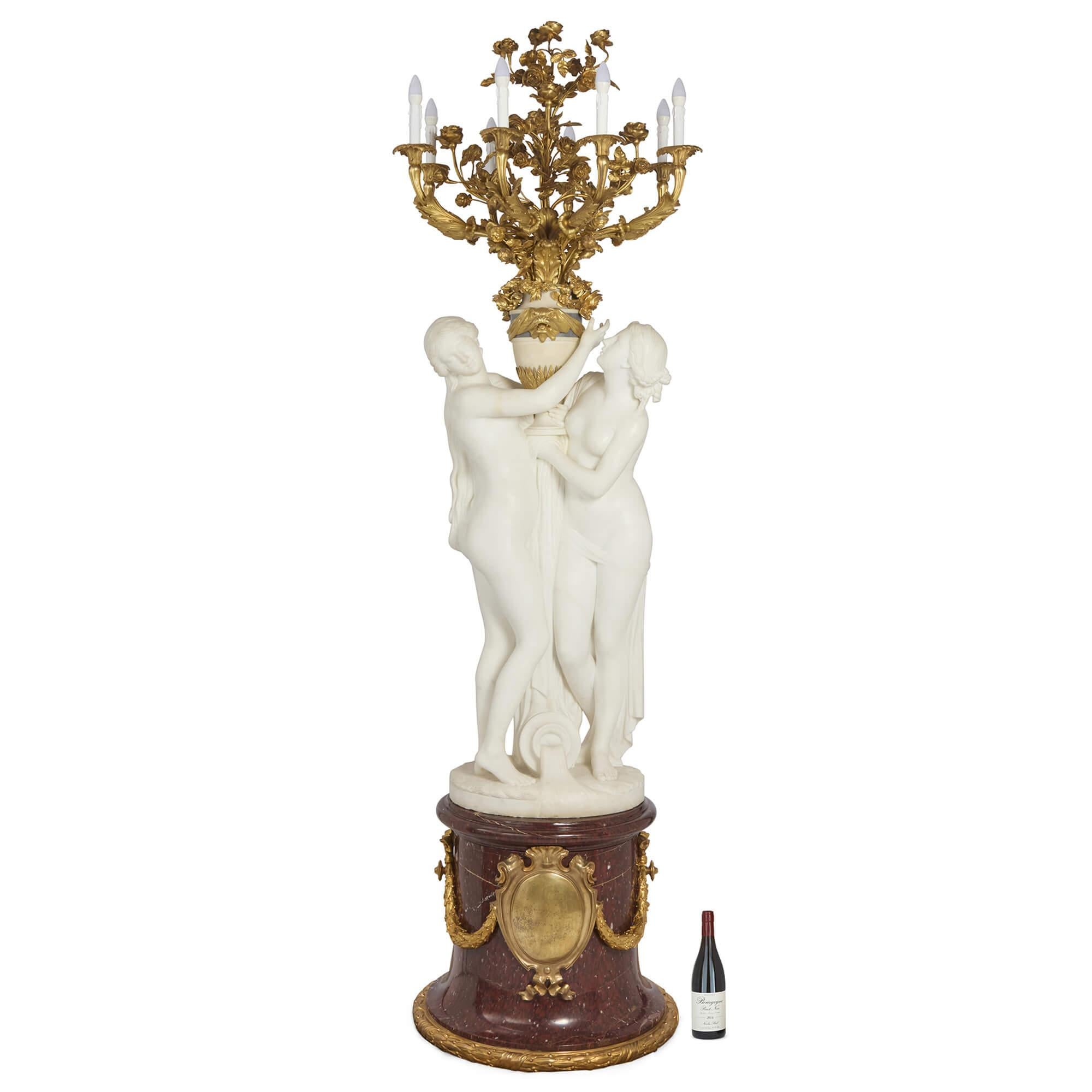 Bronze doré Très grand chandelier ancien français en marbre doré Carrier-Belleuse Barbedienne en vente