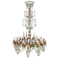 Very Large Antique French Overlay Glass White Gold Green Red Chandelier Baccarat