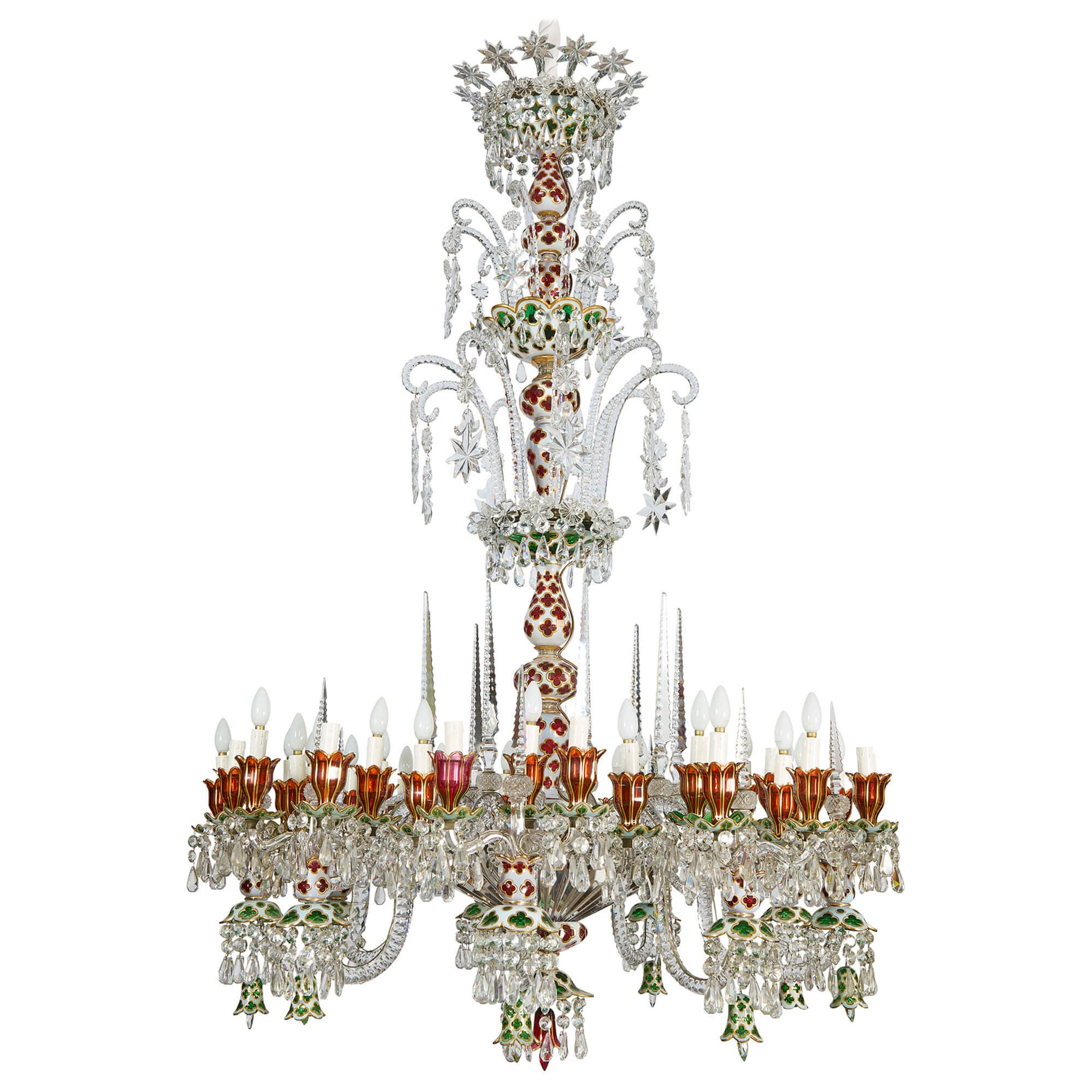 Very Large Antique French Overlay Glass White Gold Green Red Chandelier Baccarat For Sale