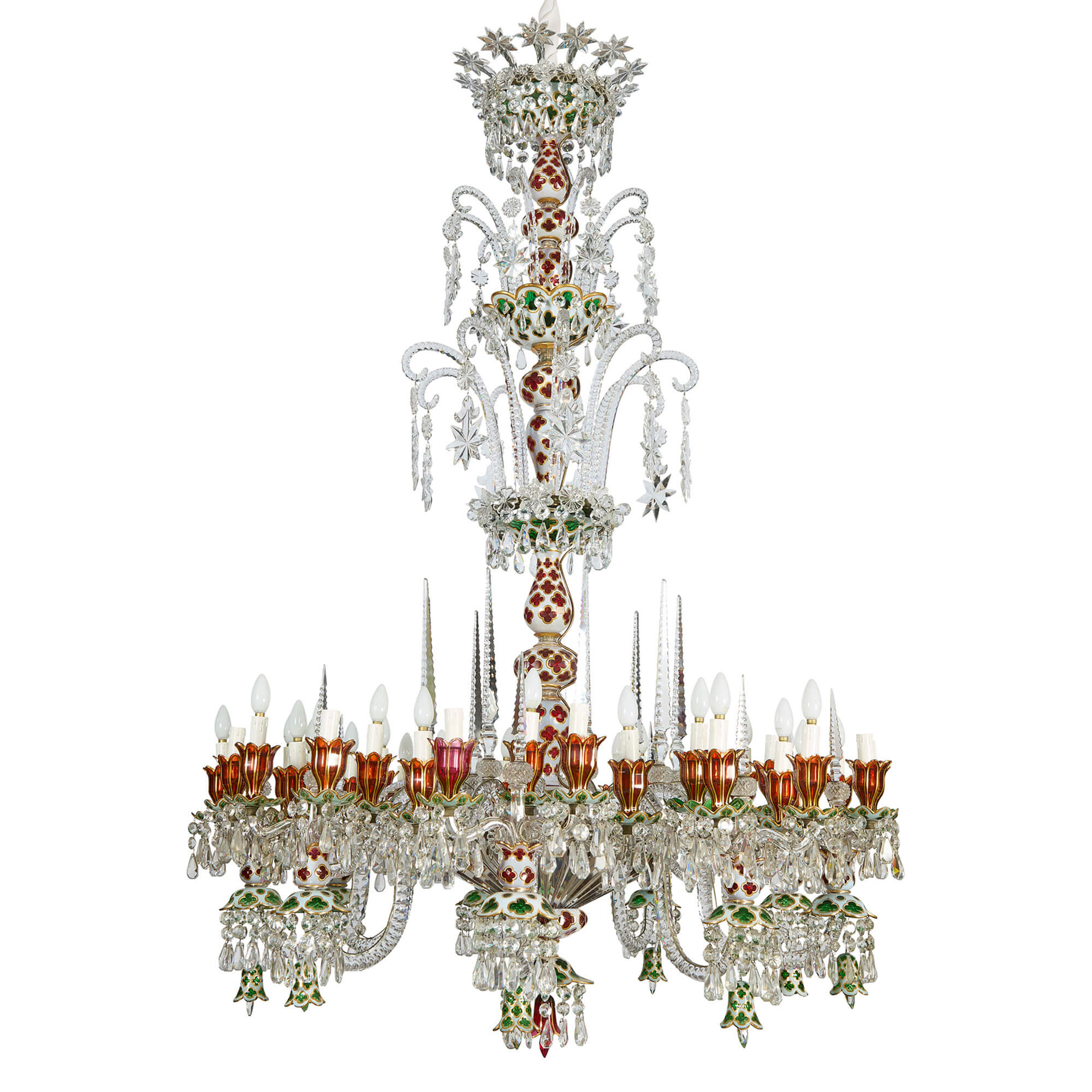 Muy Grande Antique French Vidrio Superpuesto Blanco Oro Verde Rojo Araña Baccarat en venta