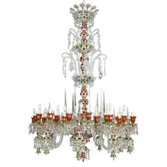 Muy Grande Antique French Vidrio Superpuesto Blanco Oro Verde Rojo Araña Baccarat