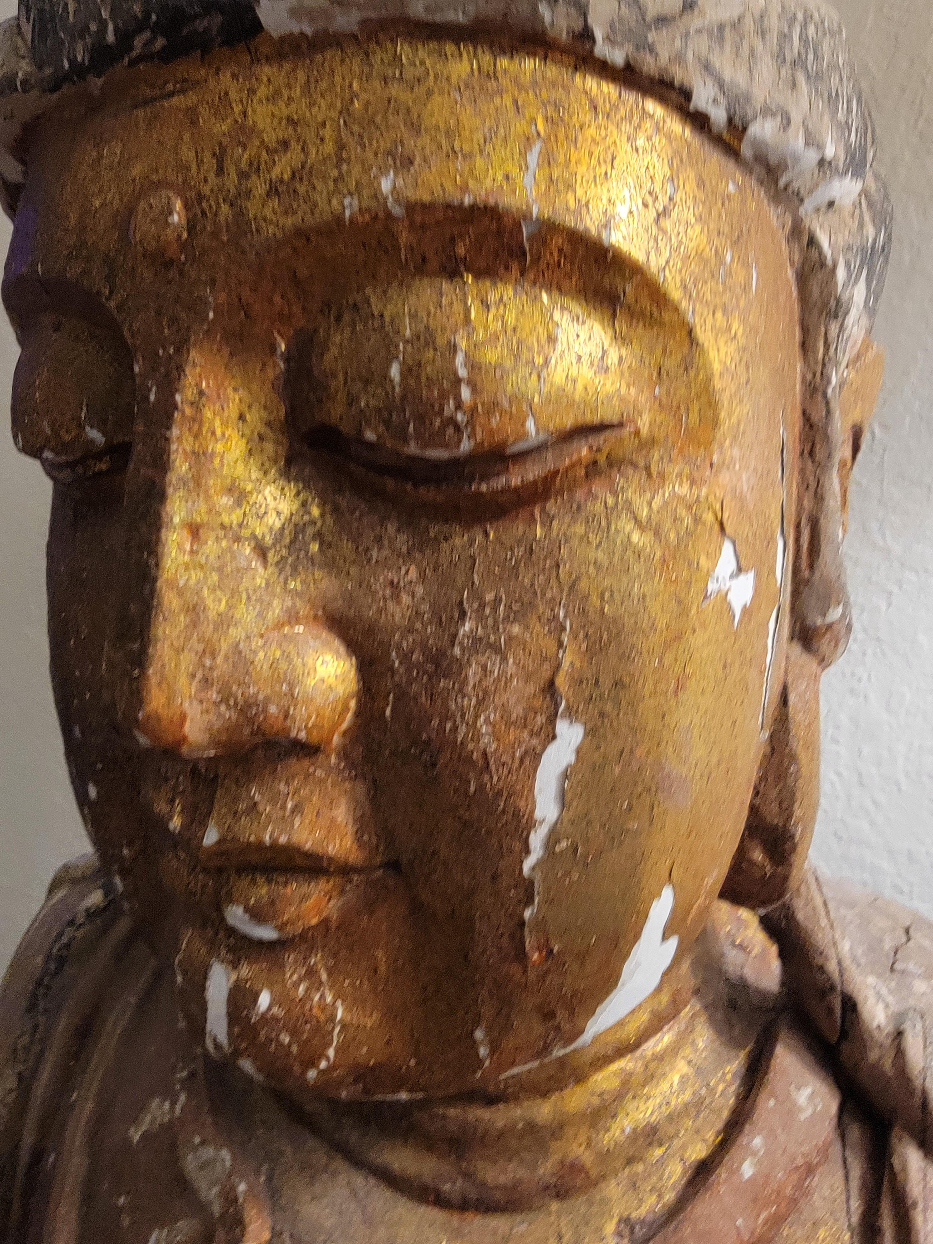 Central Asian Very Large Antique Life Size Buddha Carving 18/19th Century with Gold leaf For Sale