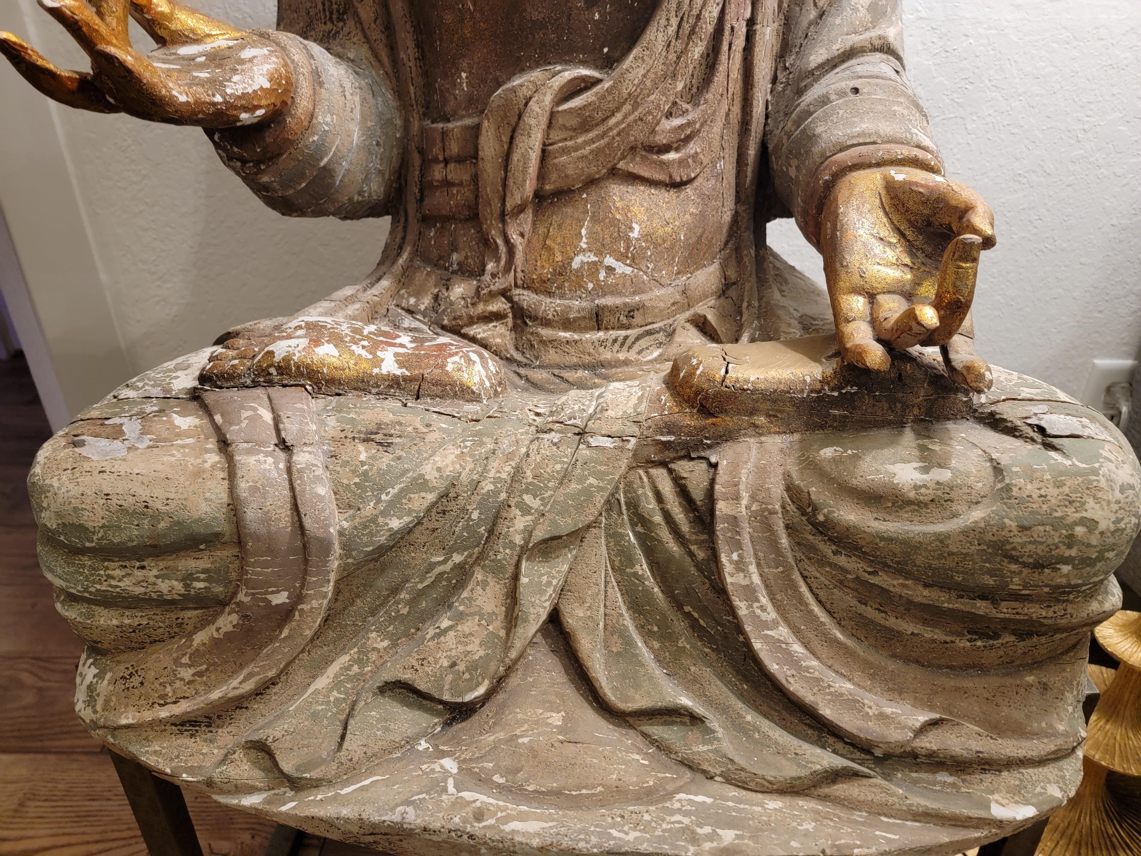 Carved Very Large Antique Life Size Buddha Carving 18/19th Century with Gold leaf For Sale