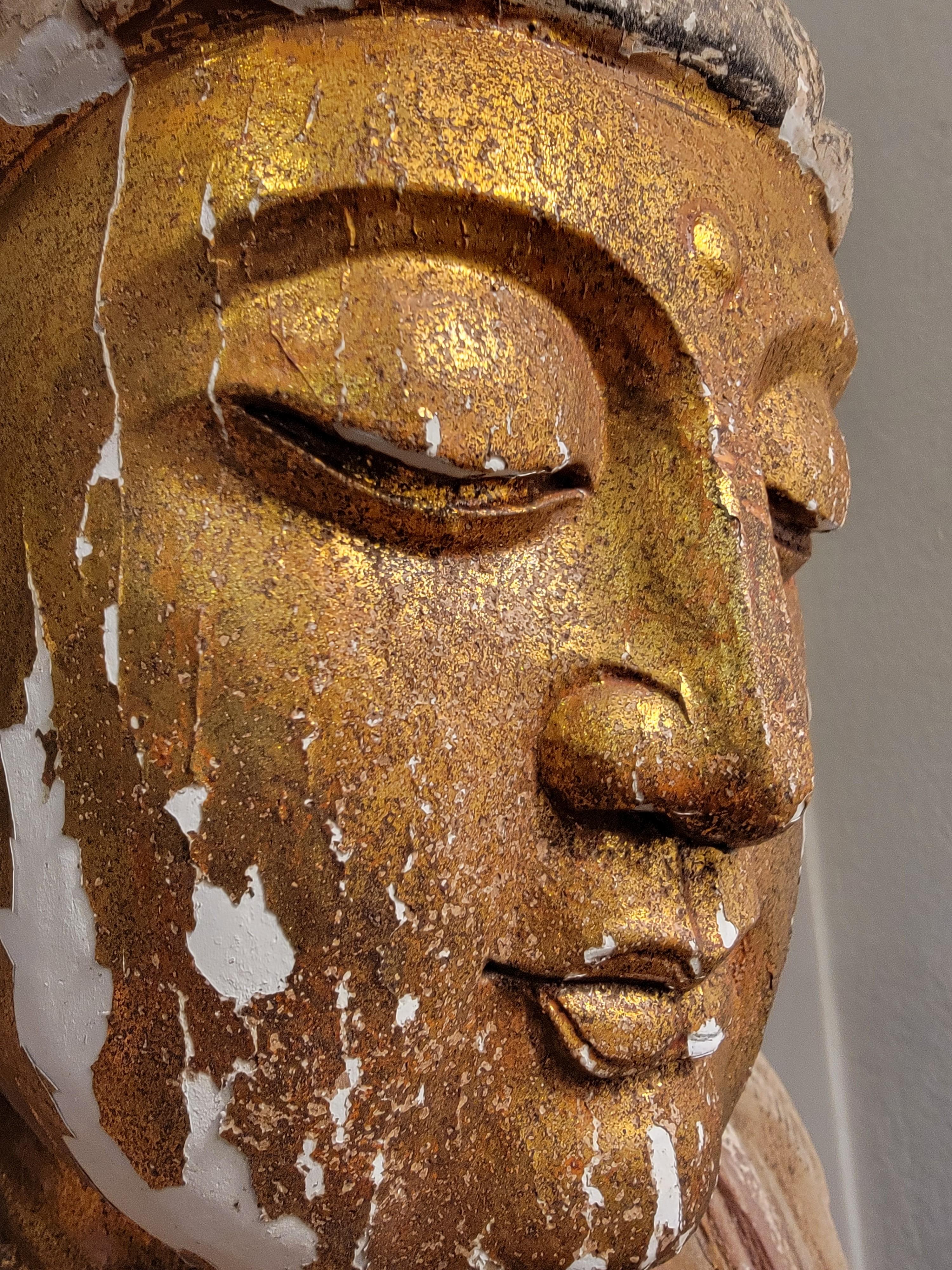 Very Large Antique Life Size Buddha Carving 18/19th Century with Gold leaf In Good Condition For Sale In Euless, TX