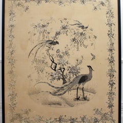 Very Large Antique Monochrome Chinese Hand Embroidery in Black Frame