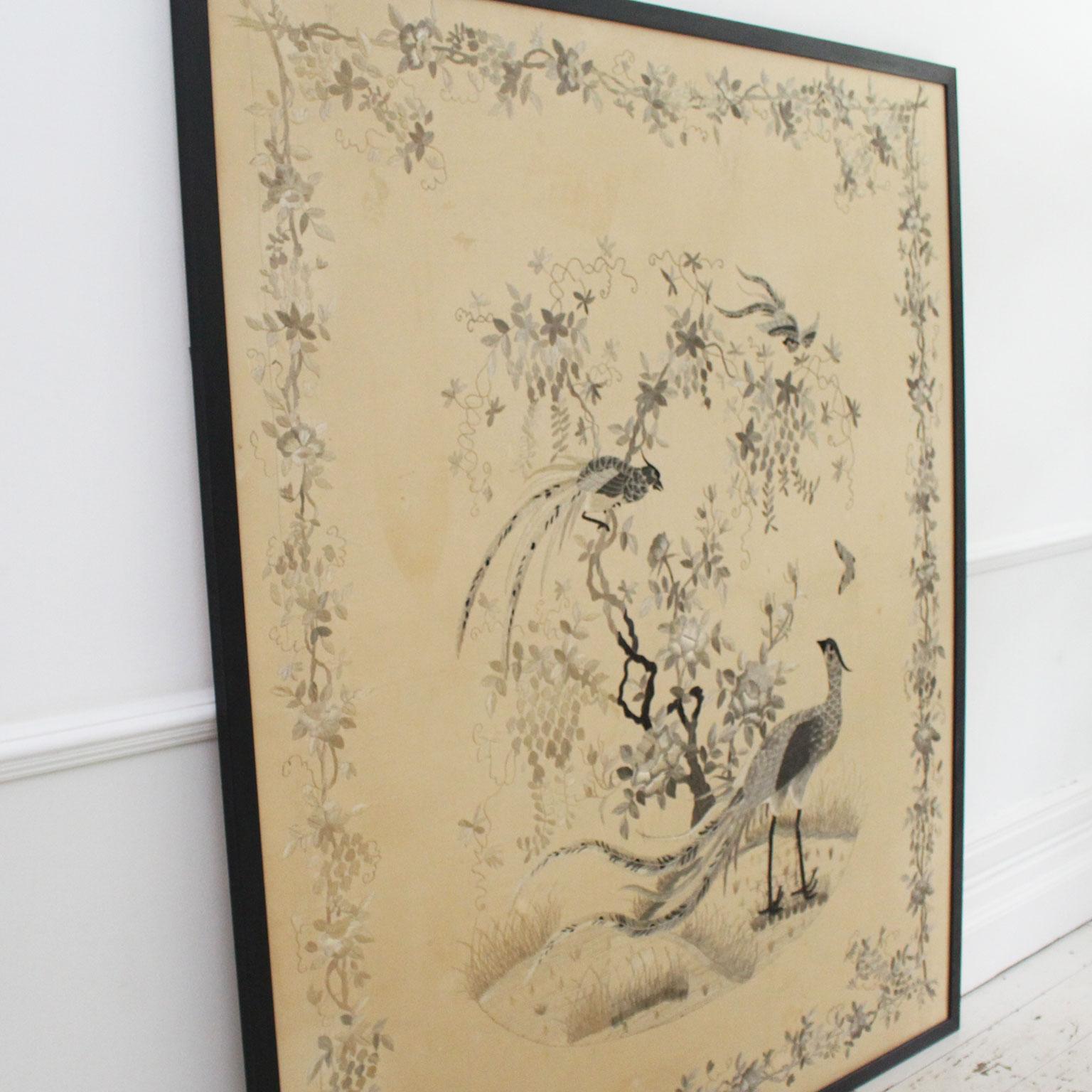 Embroidered Very Large Antique Monochrome Chinese Hand Embroidery in Black Frame