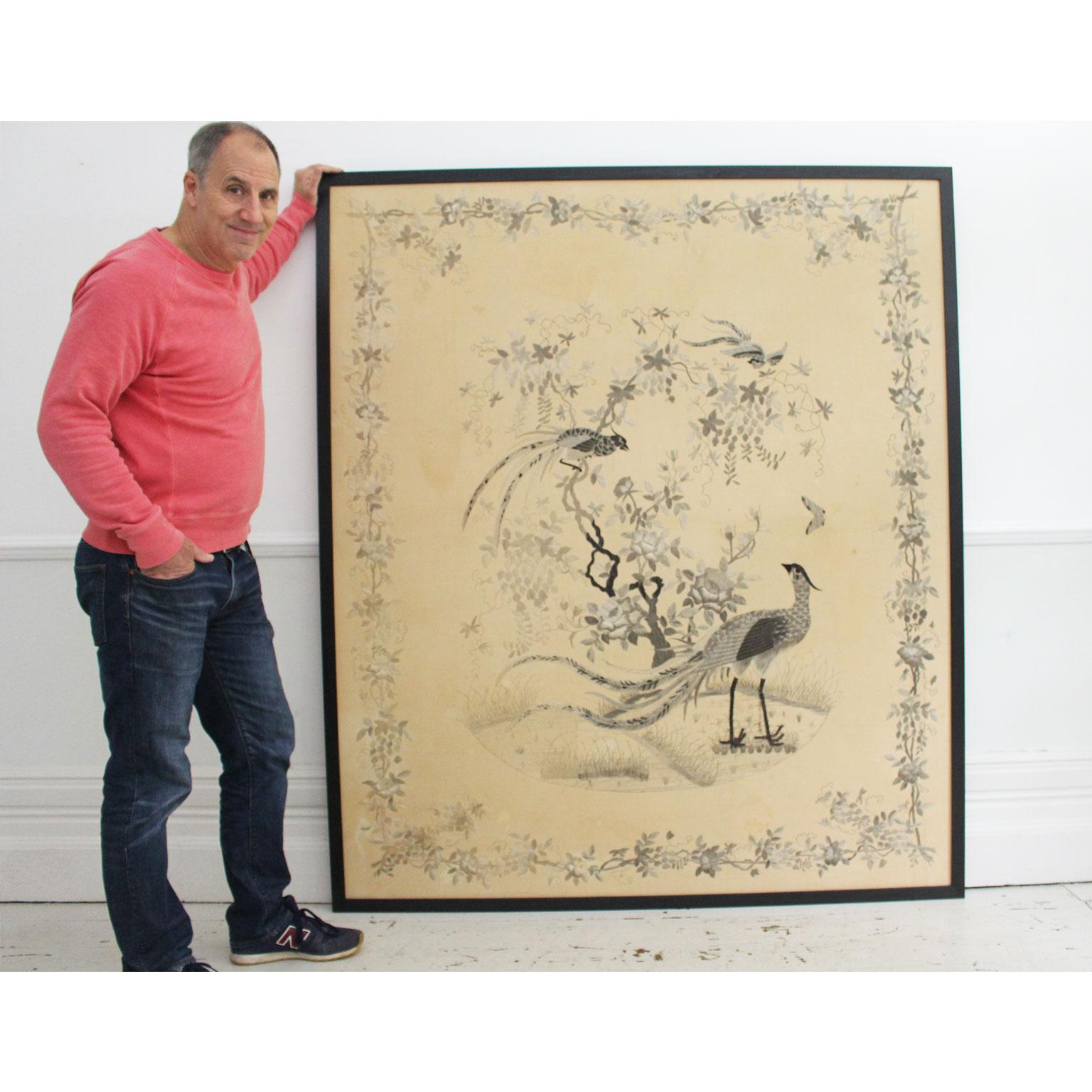 Very Large Antique Monochrome Chinese Hand Embroidery in Black Frame In Good Condition In Kent, GB