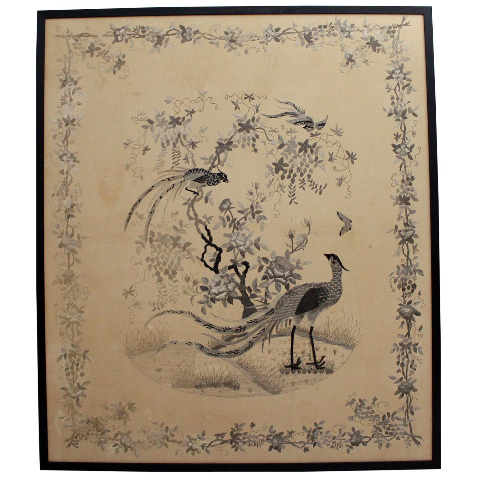 Very Large Antique Monochrome Chinese Hand Embroidery in Black Frame