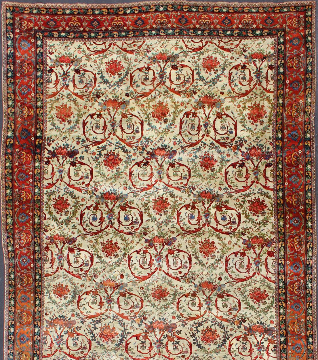 Very Large Antique Persian Bidjar Carpet in Ivory Background and Multi-Colors For Sale 3