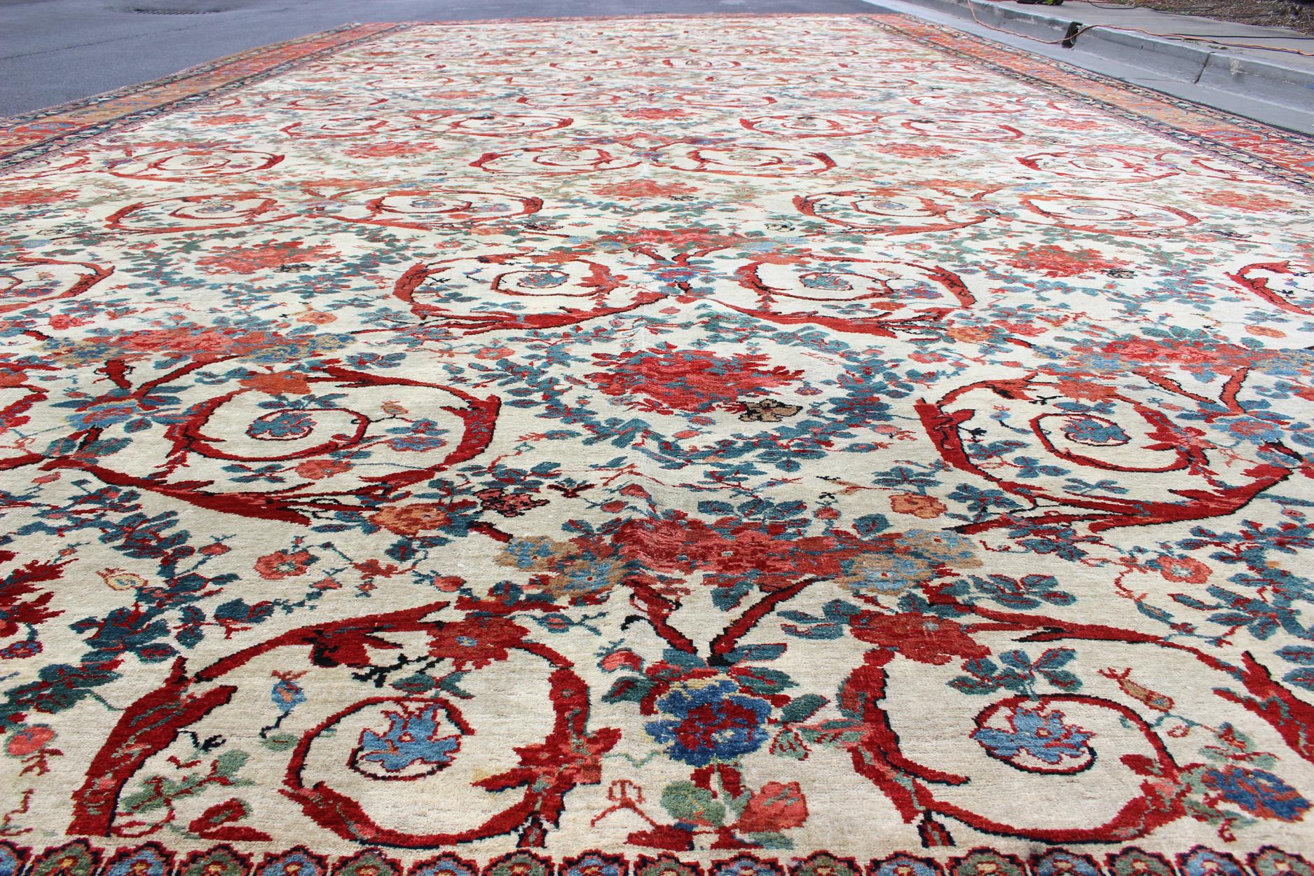 Tabriz Very Large Antique Persian Bidjar Carpet in Ivory Background and Multi-Colors For Sale