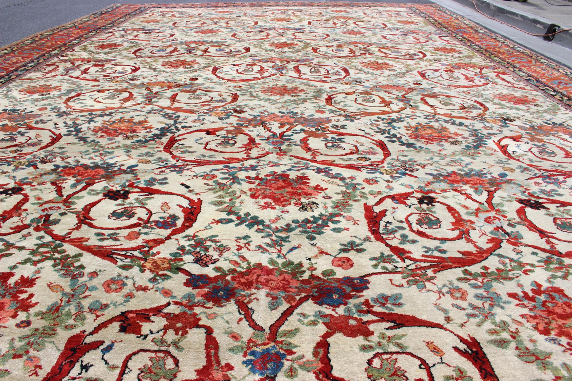 Wool Very Large Antique Persian Bidjar Carpet in Ivory Background and Multi-Colors For Sale