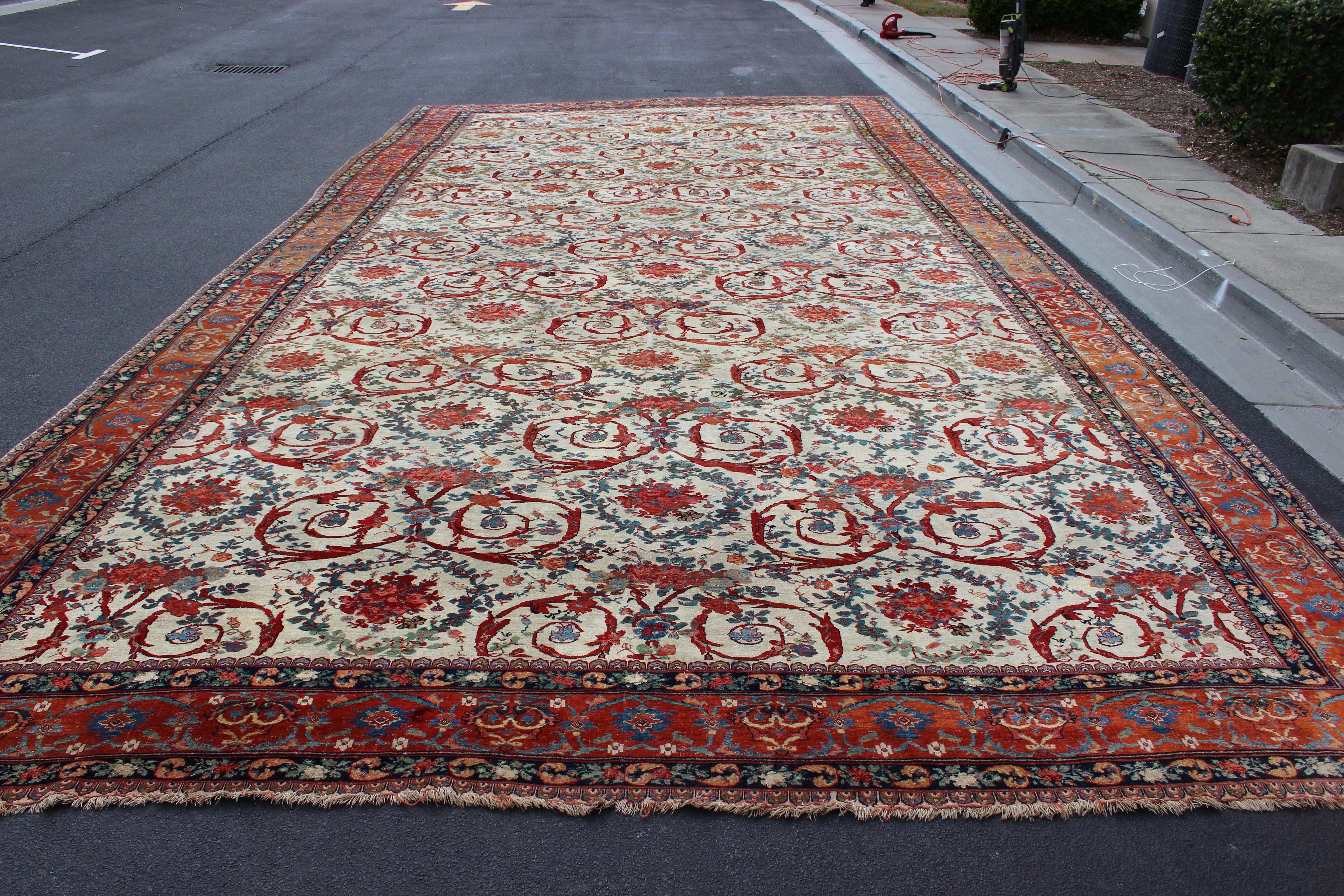Wool Very Large Antique Persian Bidjar Carpet in Ivory Background and Multi-Colors