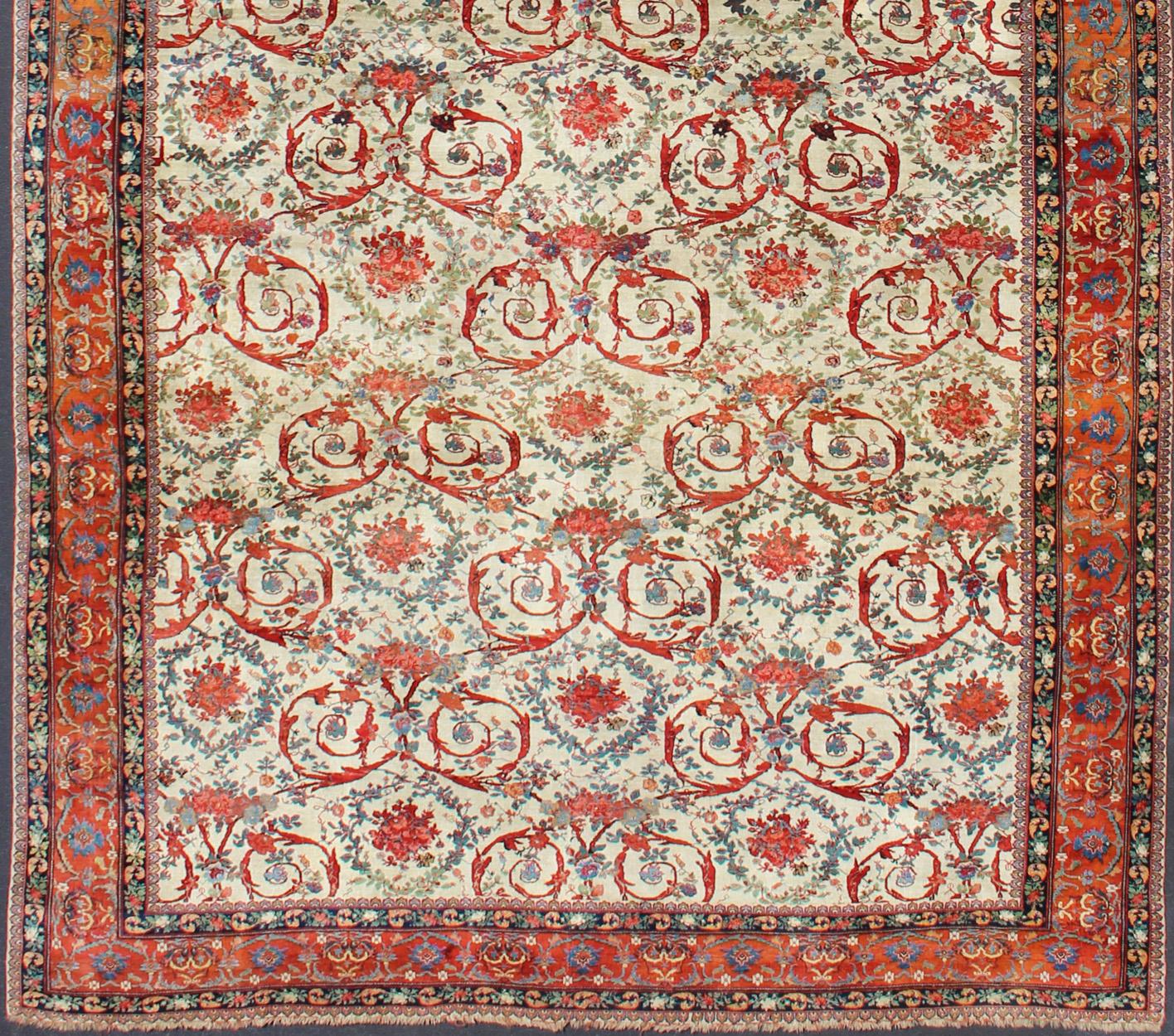 Very Large Antique Persian Bidjar Carpet in Ivory Background and Multi-Colors For Sale 2