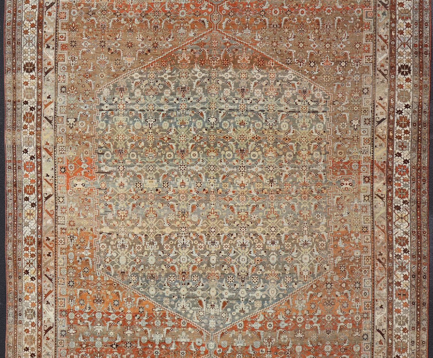 Malayer Very Large Antique Persian Bidjar Rug in Gray, Blue, Light Orange, Bronze For Sale