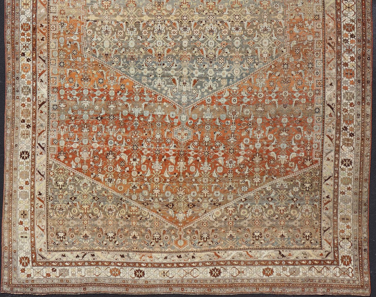 Hand-Knotted Very Large Antique Persian Bidjar Rug in Gray, Blue, Light Orange, Bronze For Sale