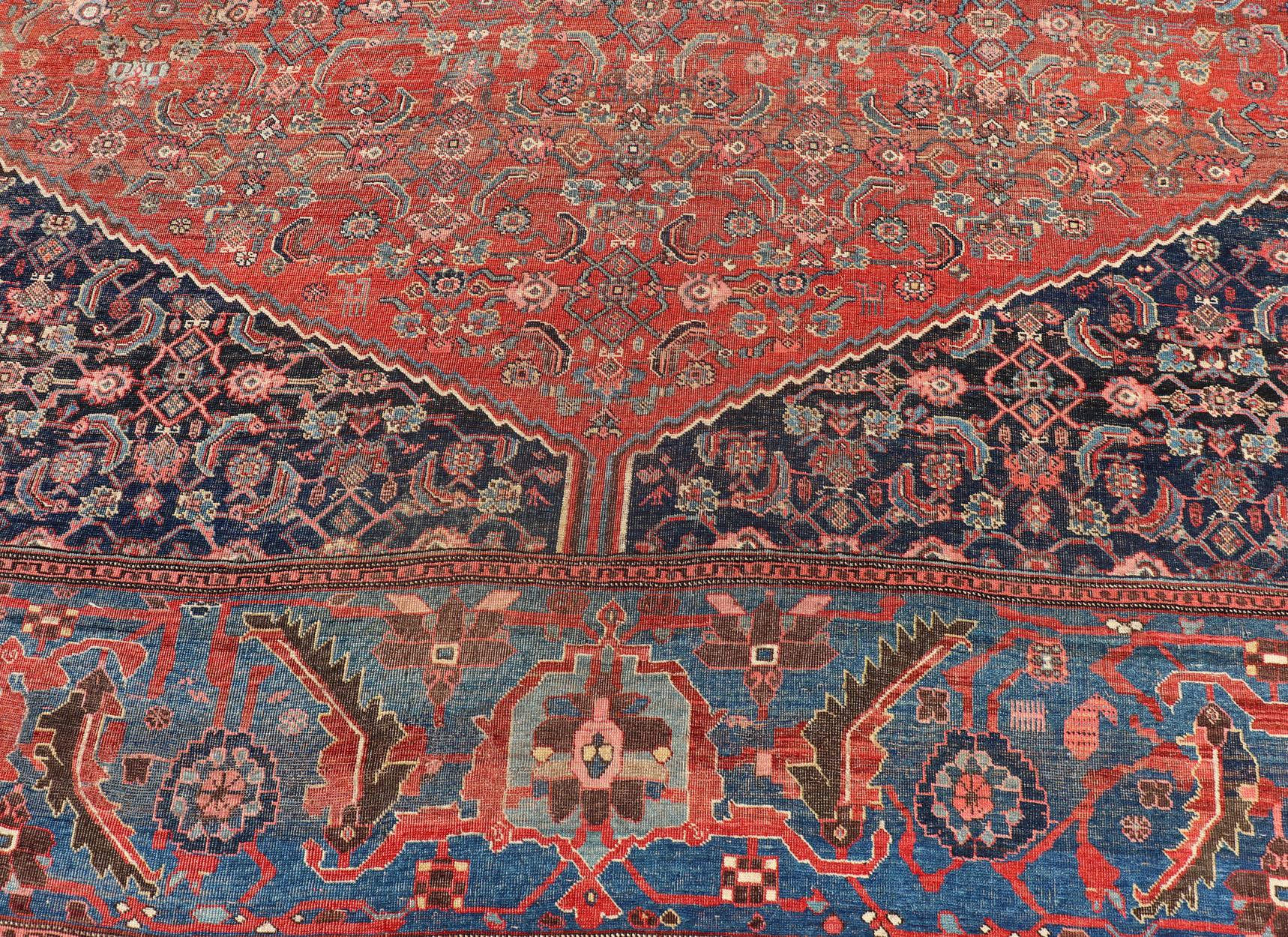 Very Large Antique Persian Bidjar Rug in Multi Shades of Blue, Tera-Cotta & Red For Sale 3