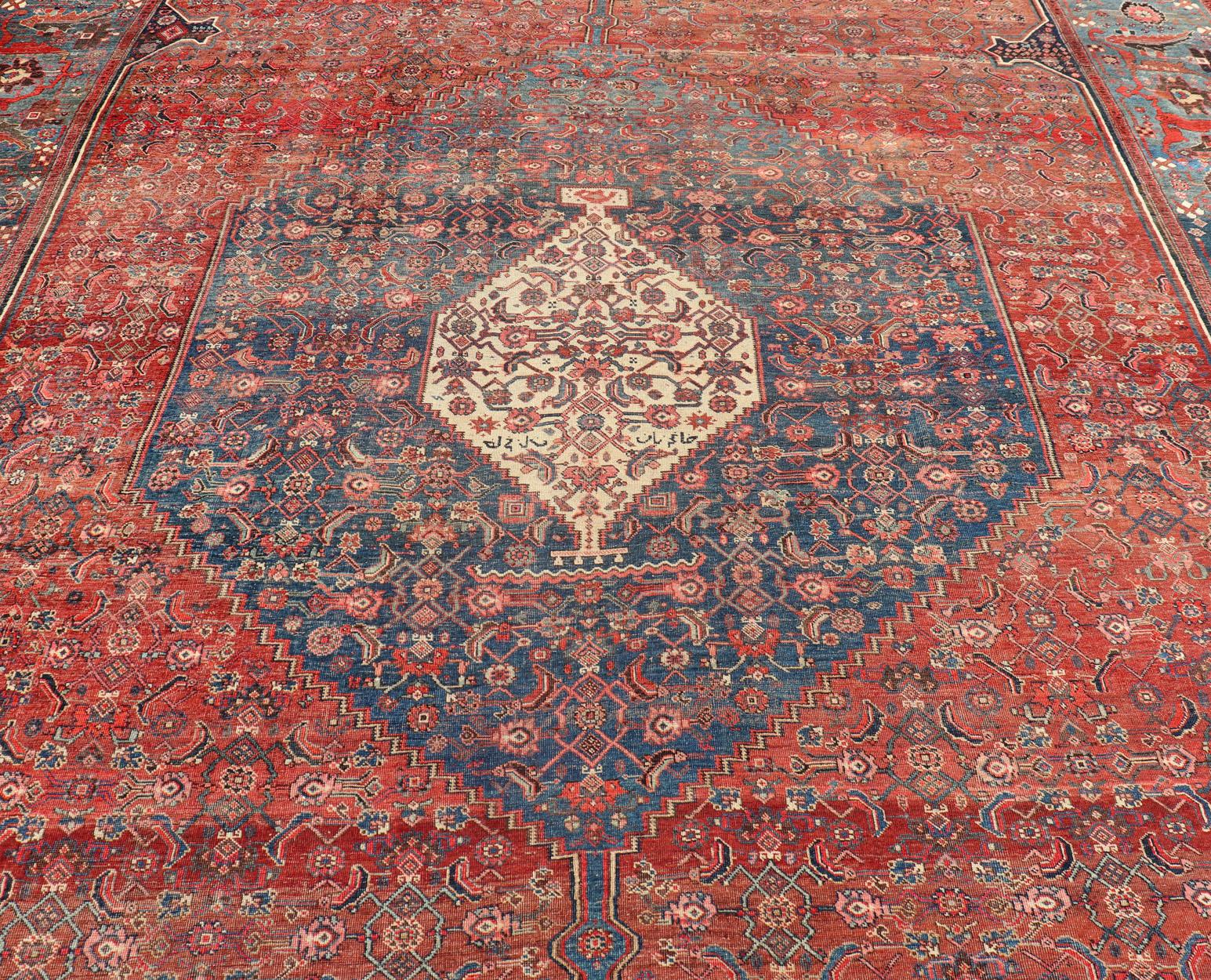 Very Large Antique Persian Bidjar Rug in Multi Shades of Blue, Tera-Cotta & Red For Sale 4