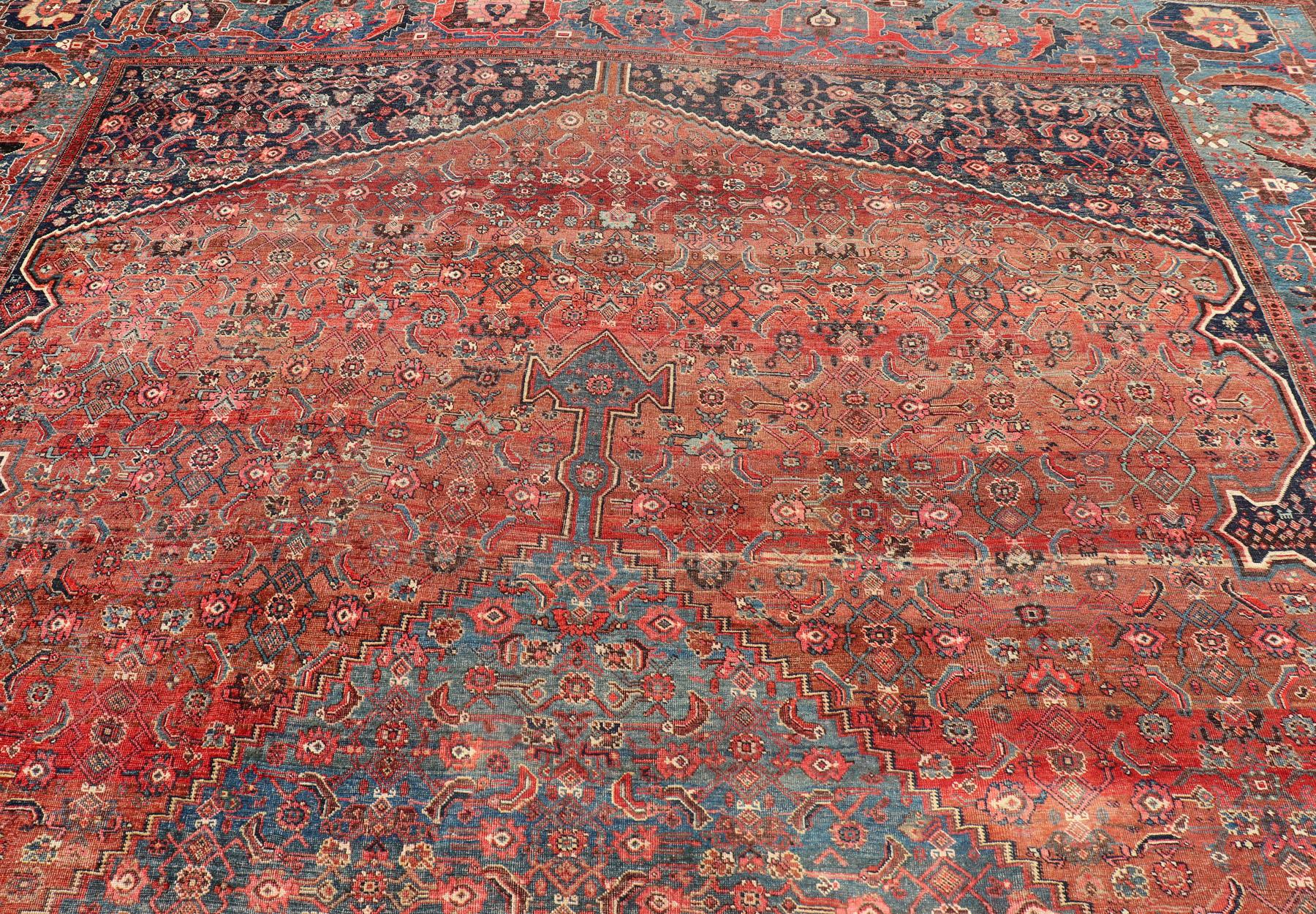 Very Large Antique Persian Bidjar Rug in Multi Shades of Blue, Tera-Cotta & Red For Sale 5