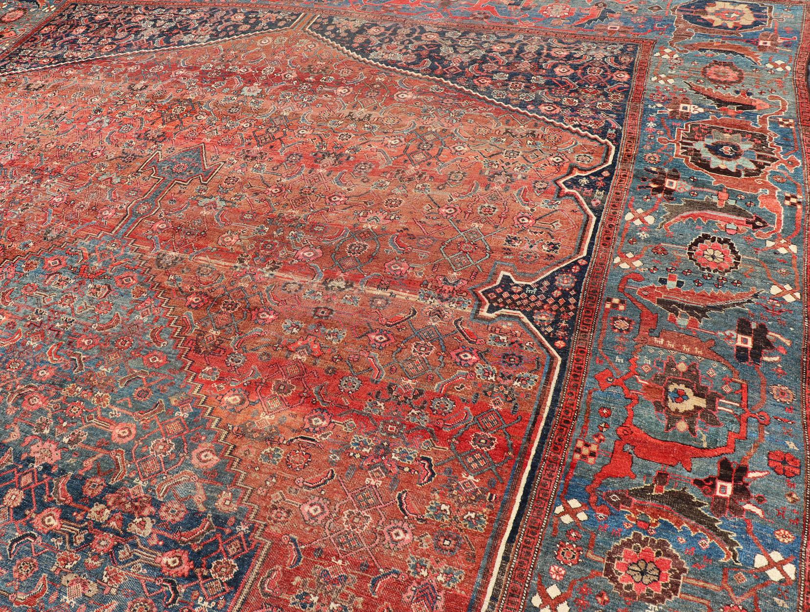 Very Large Antique Persian Bidjar Rug in Multi Shades of Blue, Tera-Cotta & Red For Sale 6