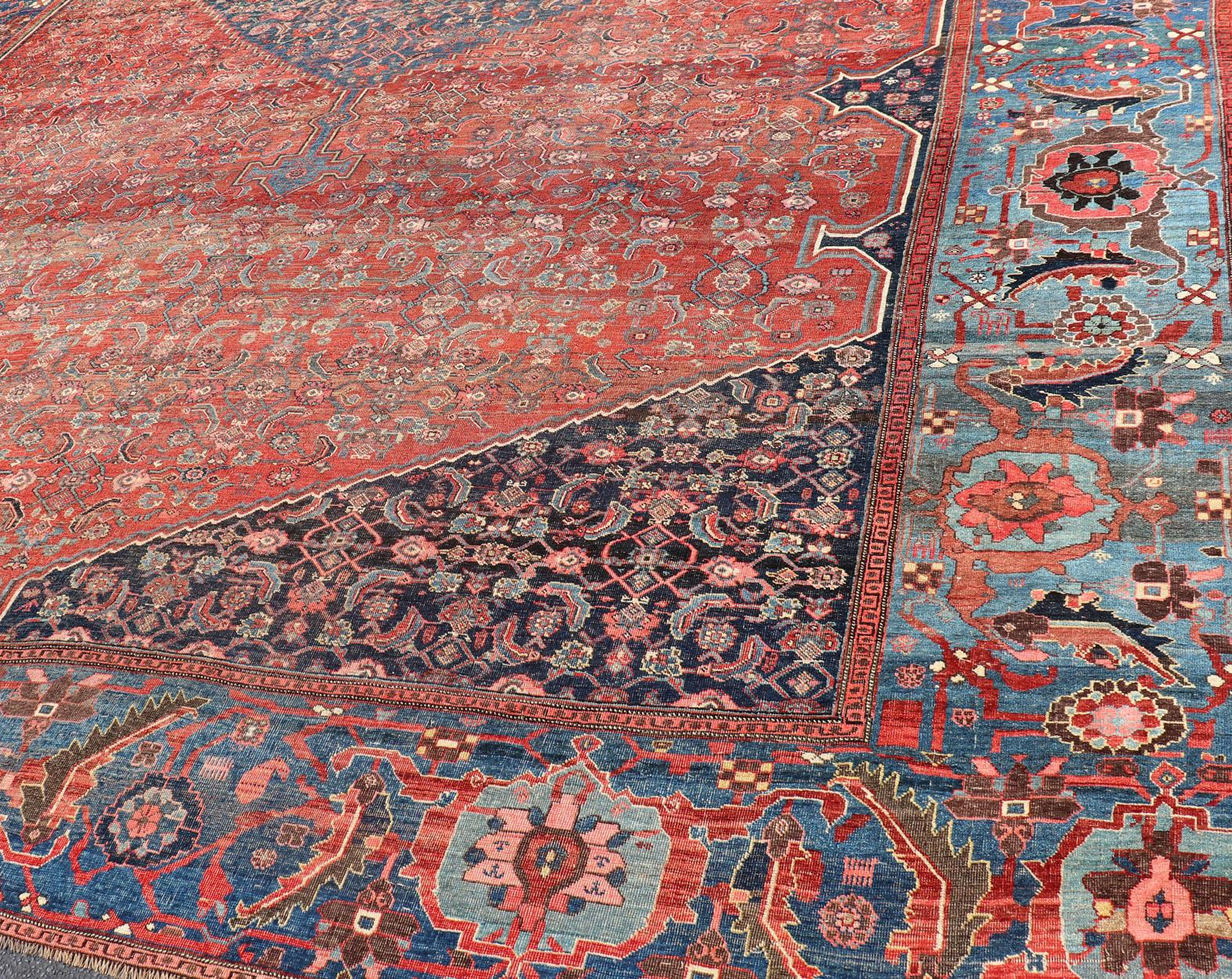 Very Large Antique Persian Bidjar Rug in Multi Shades of Blue, Tera-Cotta & Red For Sale 7